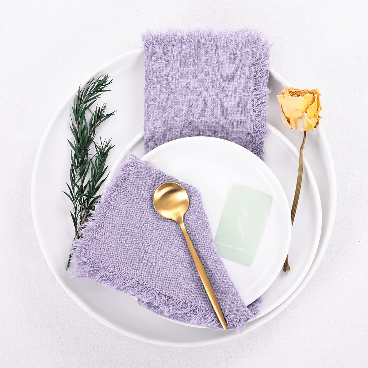 Set 12 Tovaglioli Di Stoffa In Cotone 45x45 Cm – Blu Lavanda Con Pizzo Decorativo, Lavabili, Per Matrimoni E Cene