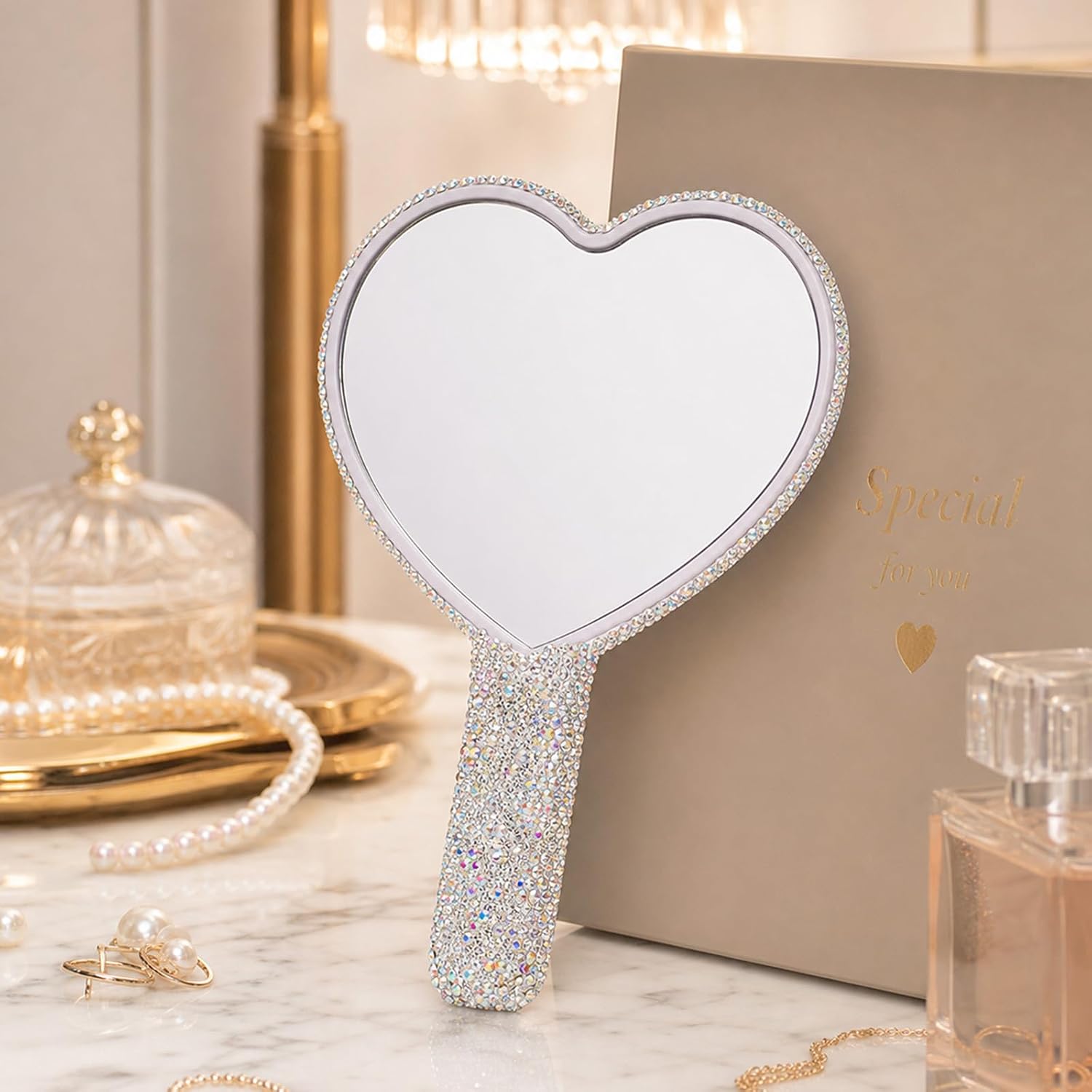 Wowagoga Sparkling Rhinestone Heart Shaped Handheld Mirror Heart Mirror Cosmetic Hand Mirror with Handle Cute Hand Mirror for Women Girls(White)