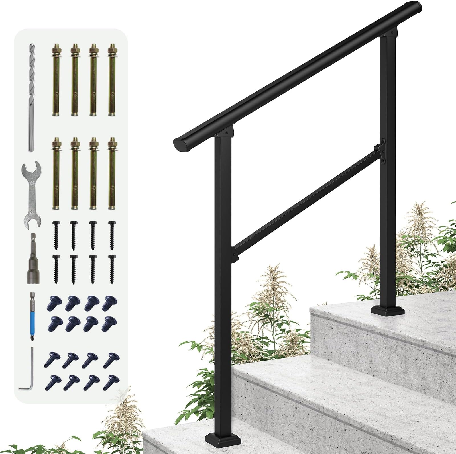 Lovmor Handrails for Outdoor Steps, Outdoor Stair Railing Fits 2 to 3 Steps, Black Wrought Handrail for Concrete Steps, Porch Steps (3 Steps)