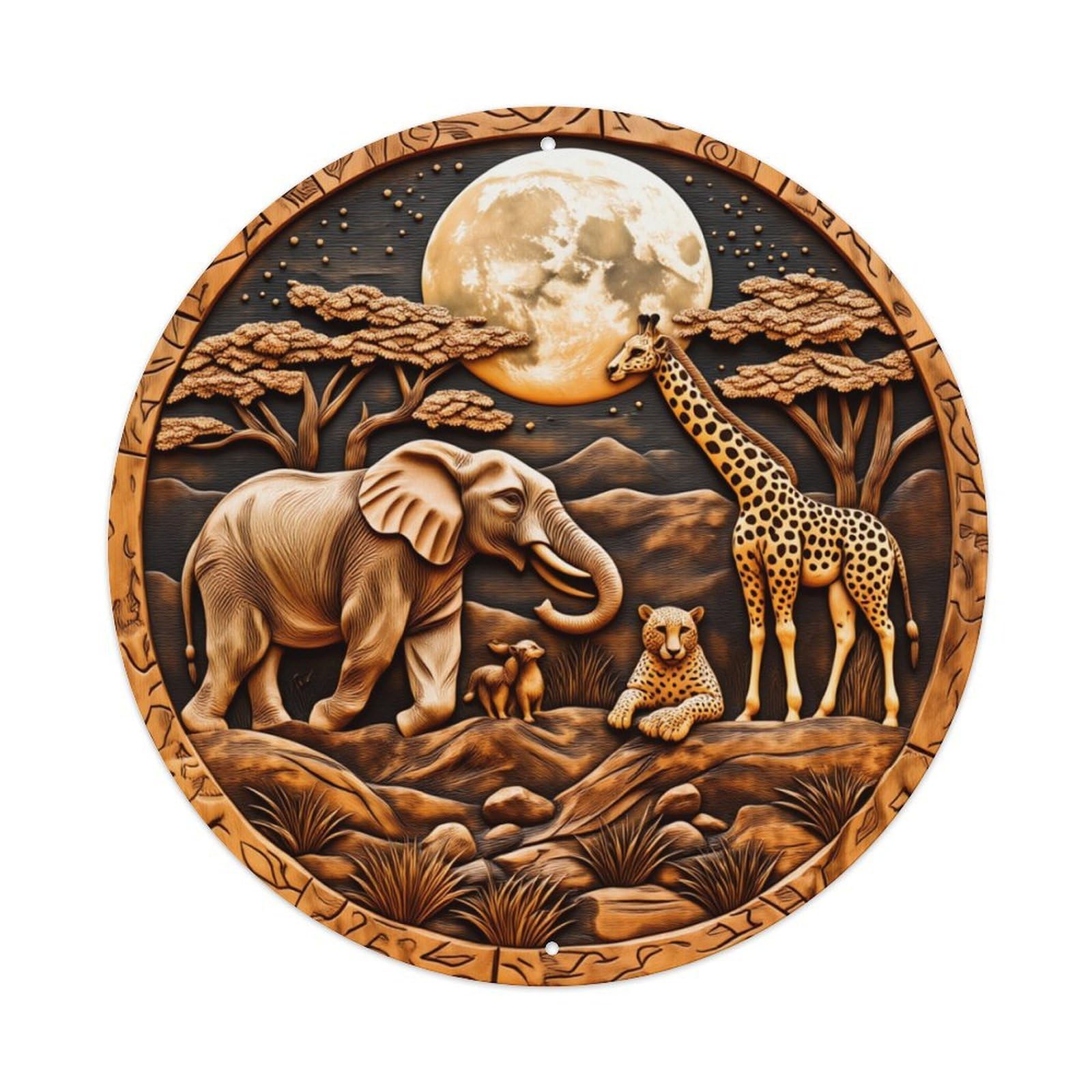 African Wildlife Moonlight Scene Carving Round Tin Sign Retro Metal Sign for Cafe Bar Pub Home Game Room Gym Club Wall Decoration Vintage Metal Poster 8x8 Inch