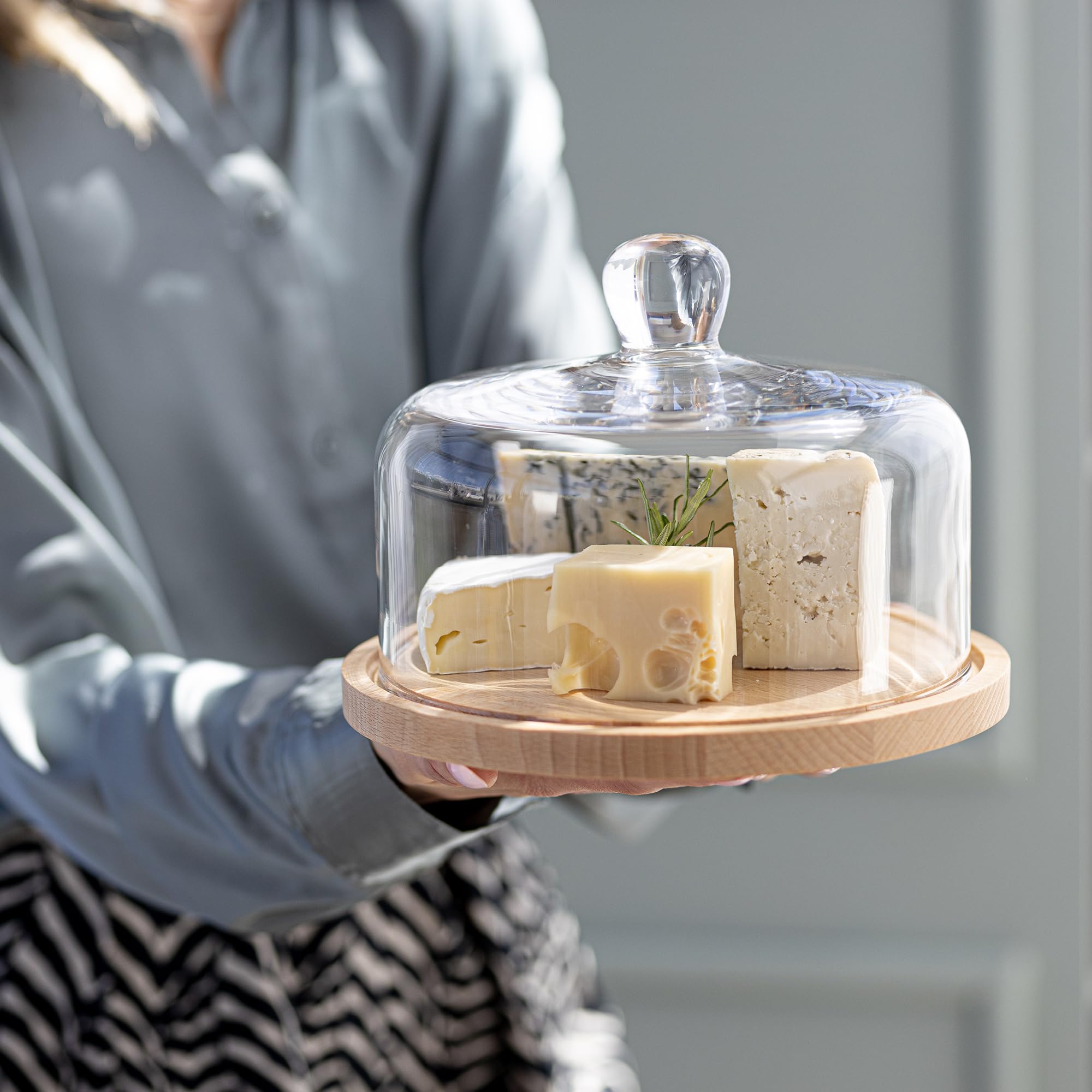 TREND FOR HOME Soporte para Tartas de Madera con Cúpula de Vidrio Hecho a Mano Ø 22 cm A: 16.2 cm Quesera Soporte Tarta Soporte Cupcakes Exhibición De Postres para Aperitivos, Euphoria