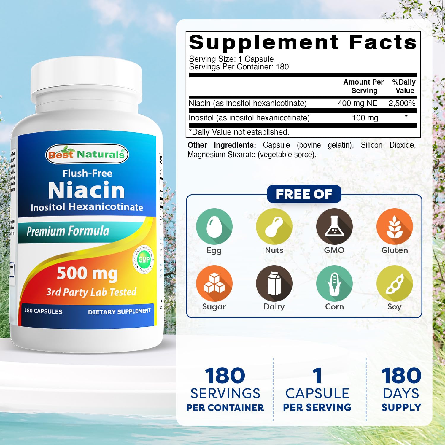 Best Naturals Flush-Free Niacin Inositol Hexanicotinate 500 mg 180 Capsules — Amazon image 2