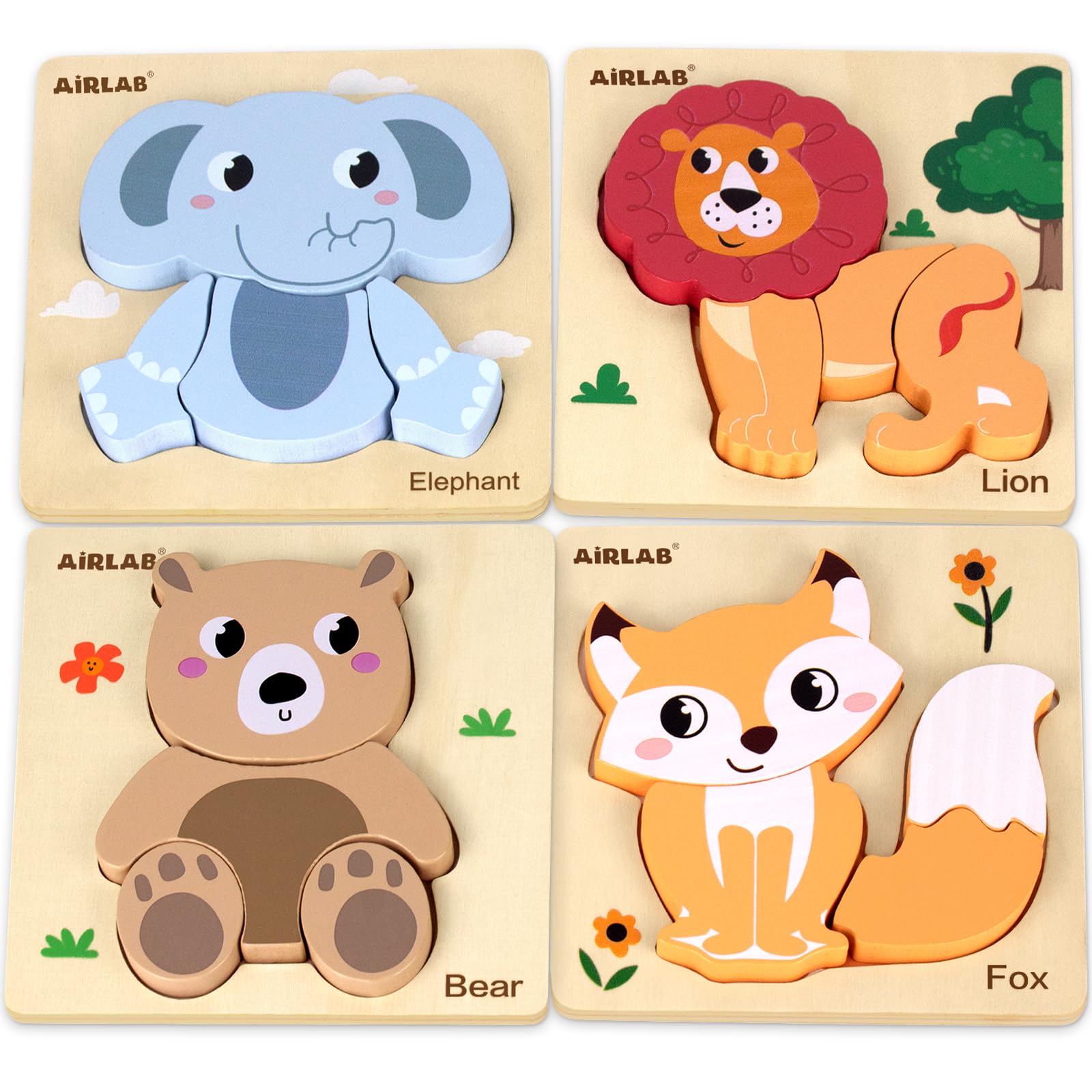 Airlab Puzzle Legno Bambini 18+ Mesi, Giocattoli Educativi Risveglio Montessori, Puzzle Animali 3D con Cornice e Borsa Organizer, Regalo Compleanno Pasqua Halloween Natale Ragazzi Ragazze 2 3 4 5 Anni