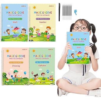 Large Magic Grooved Handwriting Book Practice,Handwriting Practice Copybook,Reusable Practice Book for Preschool Age 3-8 Back to School Supplies4 Large Books with Magic Pens