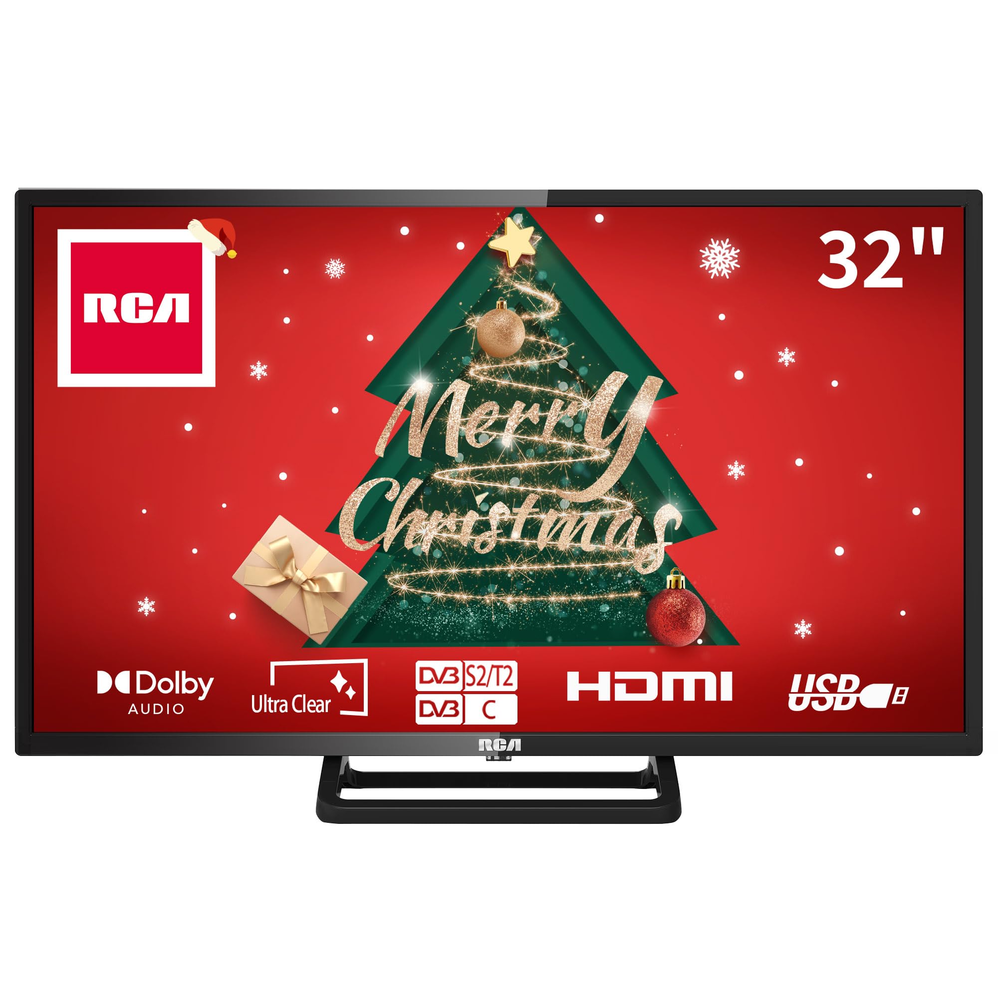 RCARB32HDCS 32 Inch HD TV, Central Stand FreeView Dolby Digital Audio 720P LED Display, Noise Reduction Color Engine HDMI USB Monitor for PS5 Xbox, Ideal Small Screen for Bedroom or Kitchen