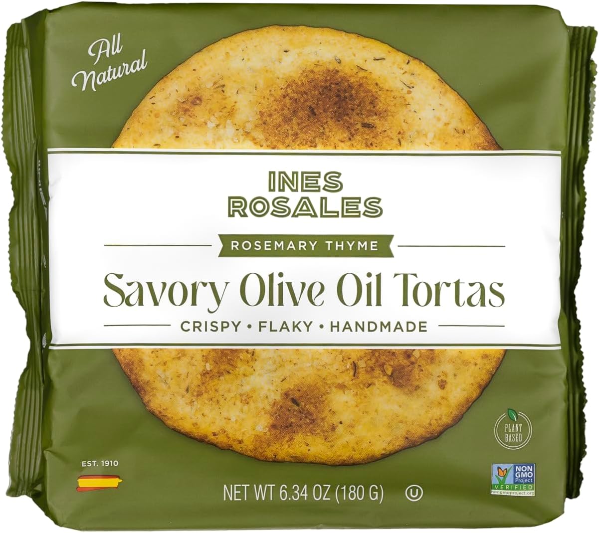 Ines Rosales Rosemary and Thyme Olive Savory Oil Tortas (Tortas Aceite con Romero y Tomillo) 6.34 Oz (180 g) pack, contains six Fine Mediterranean Crisps (Tortas) individually wrapped (Pack of 10)