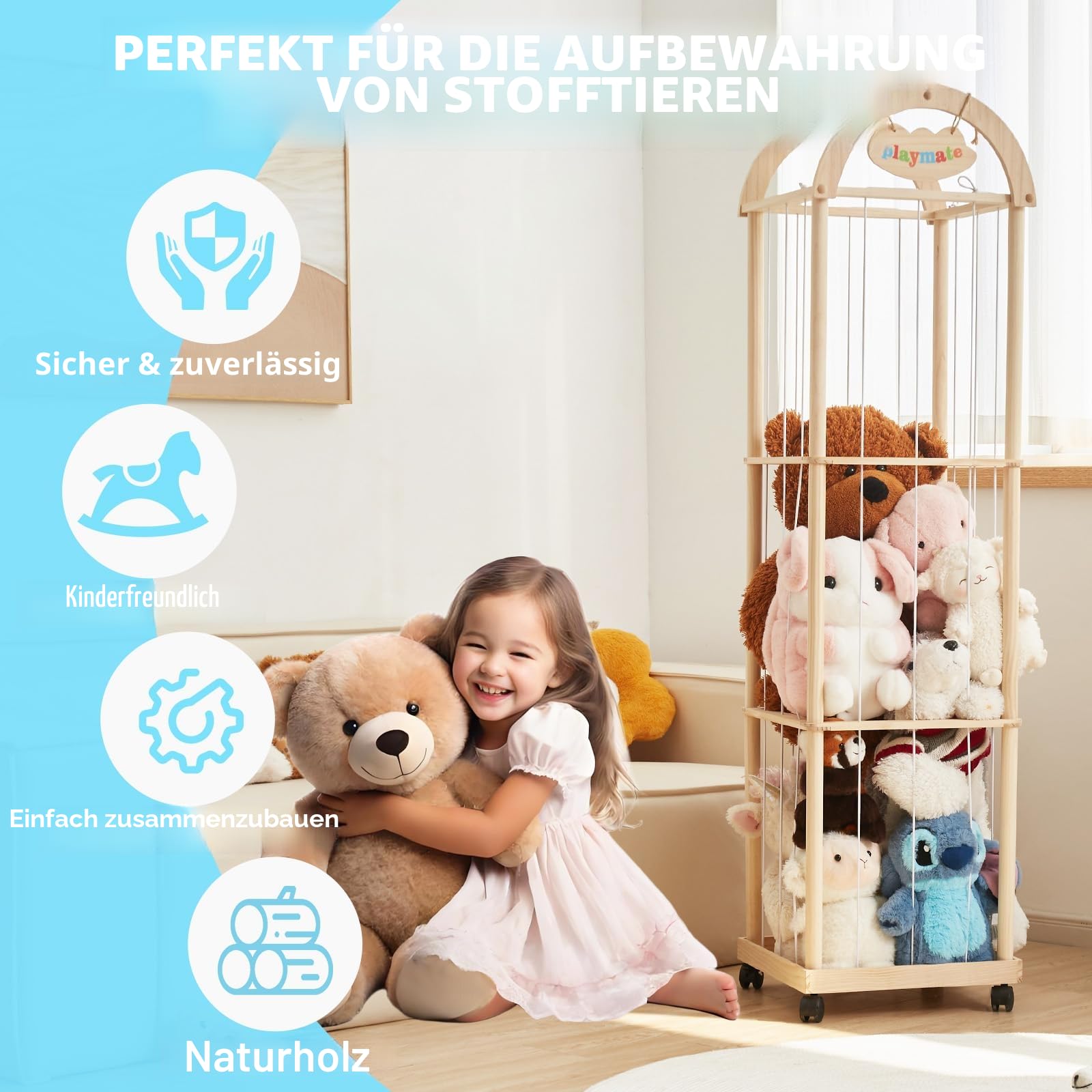Großer Stofftier-Organizer, 155 cm hoch, Premium-Holz-Zoo-Spielzeughalter für Kleinkinder, Spielzimmer und Schlafzimmer