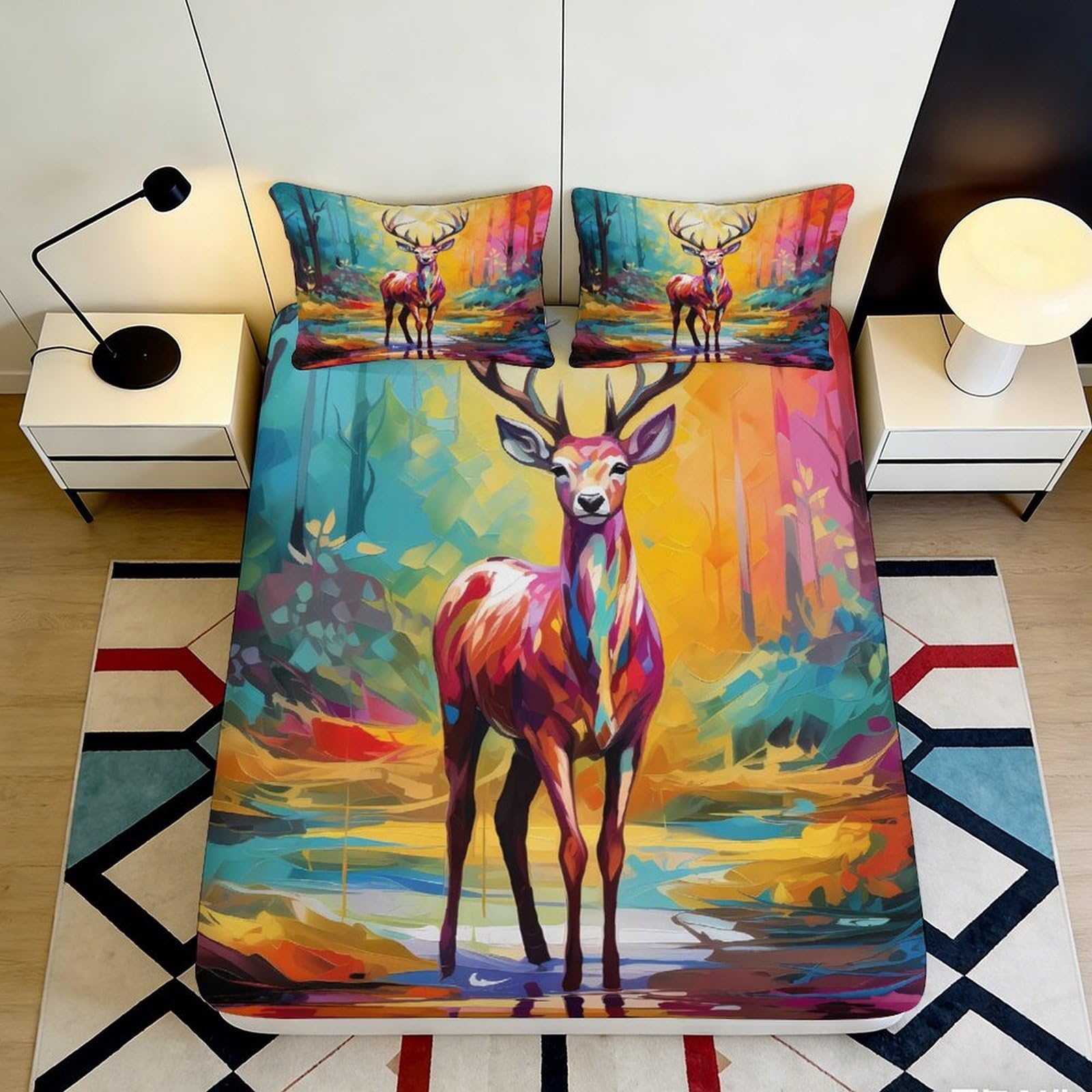 3D Printed Deer Fitted Sheet Microfiber Bedroom Bedding Deep Pocket Deer Mattress Fitted Cover Non-Slip for Adults 200x200x25cm 90x200x25cm
