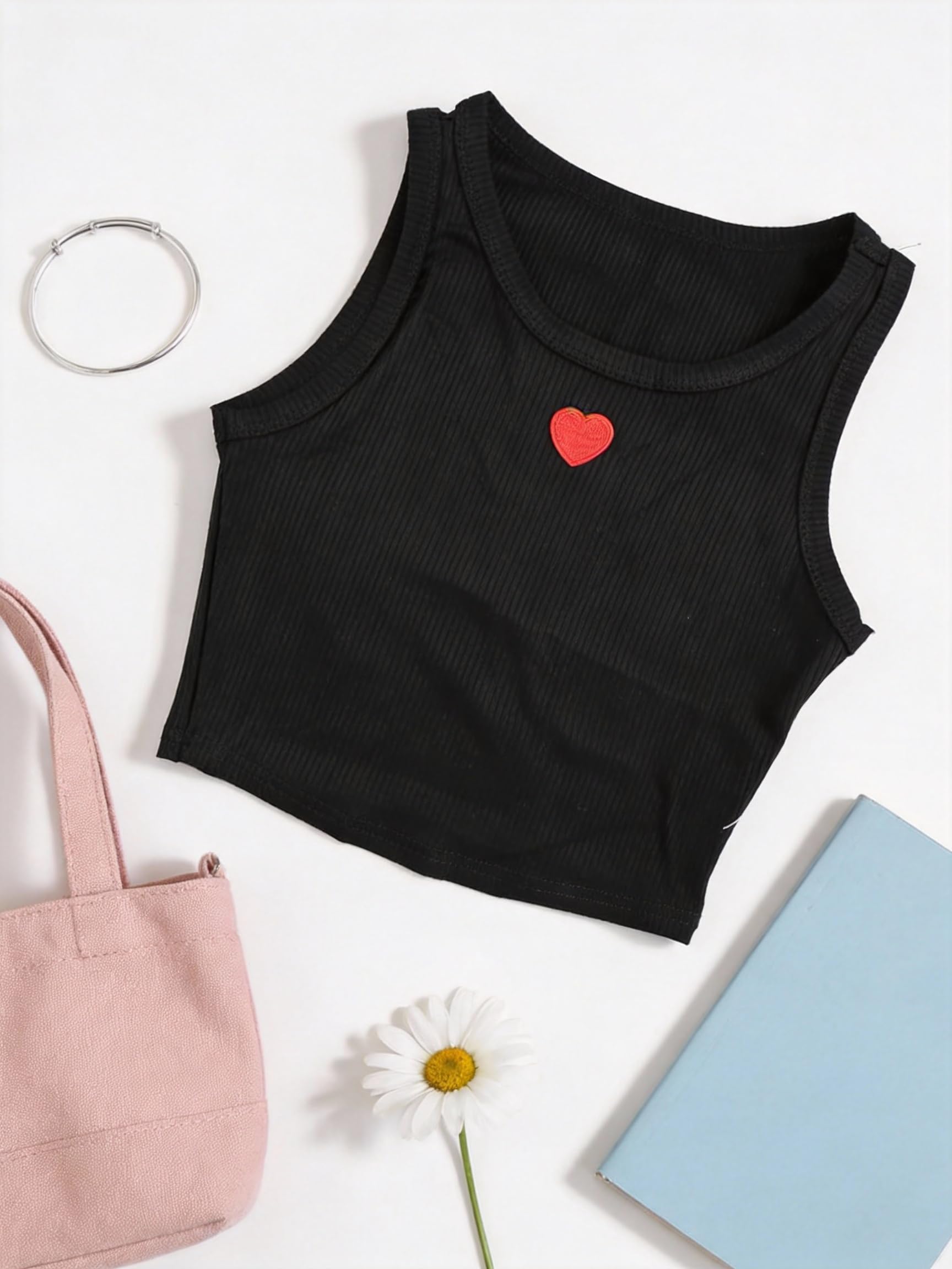 Camiseta corta sin mangas con bordado de corazón, color negro, suave, acanalada, sin mangas, espalda cruzada para baile, deportes y capas (8-14 años) — view 4