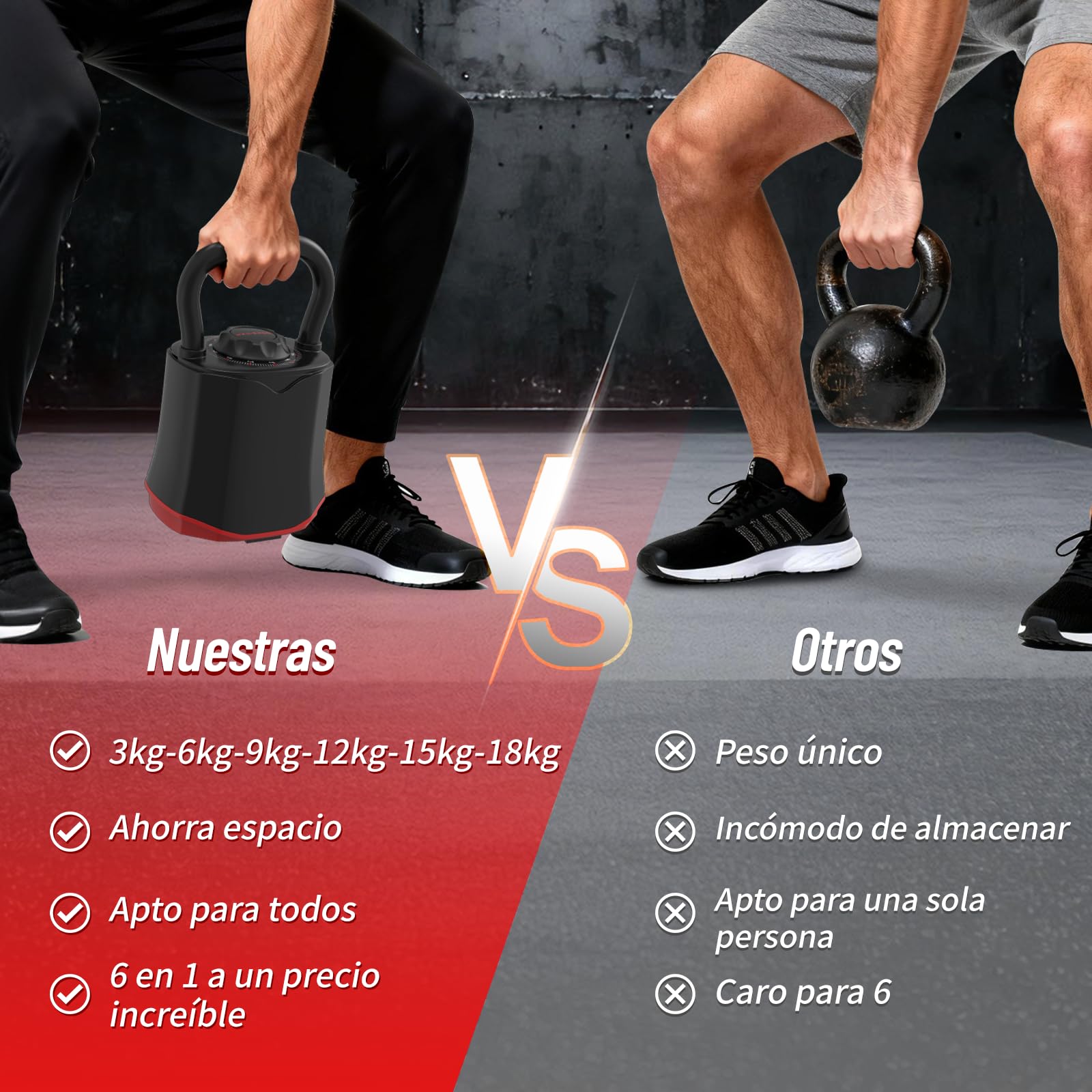 HXD-ERGO Kettlebell Ajustable 6-en-1 (3–18 kg), Cambio de Peso Rápido, Asa Ancha y Ergonómica, Pesa Rusa Compacta para Entrenamiento en Casa