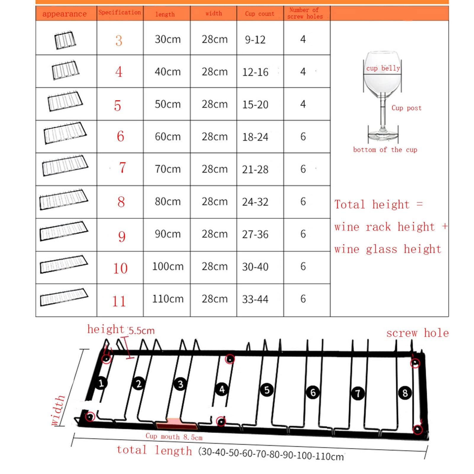 Metal Hanging Wine Glass Rack Under Cabinet Stemware Holder for Kitchen Bar Glassware Storage Organizer with 11 Slots