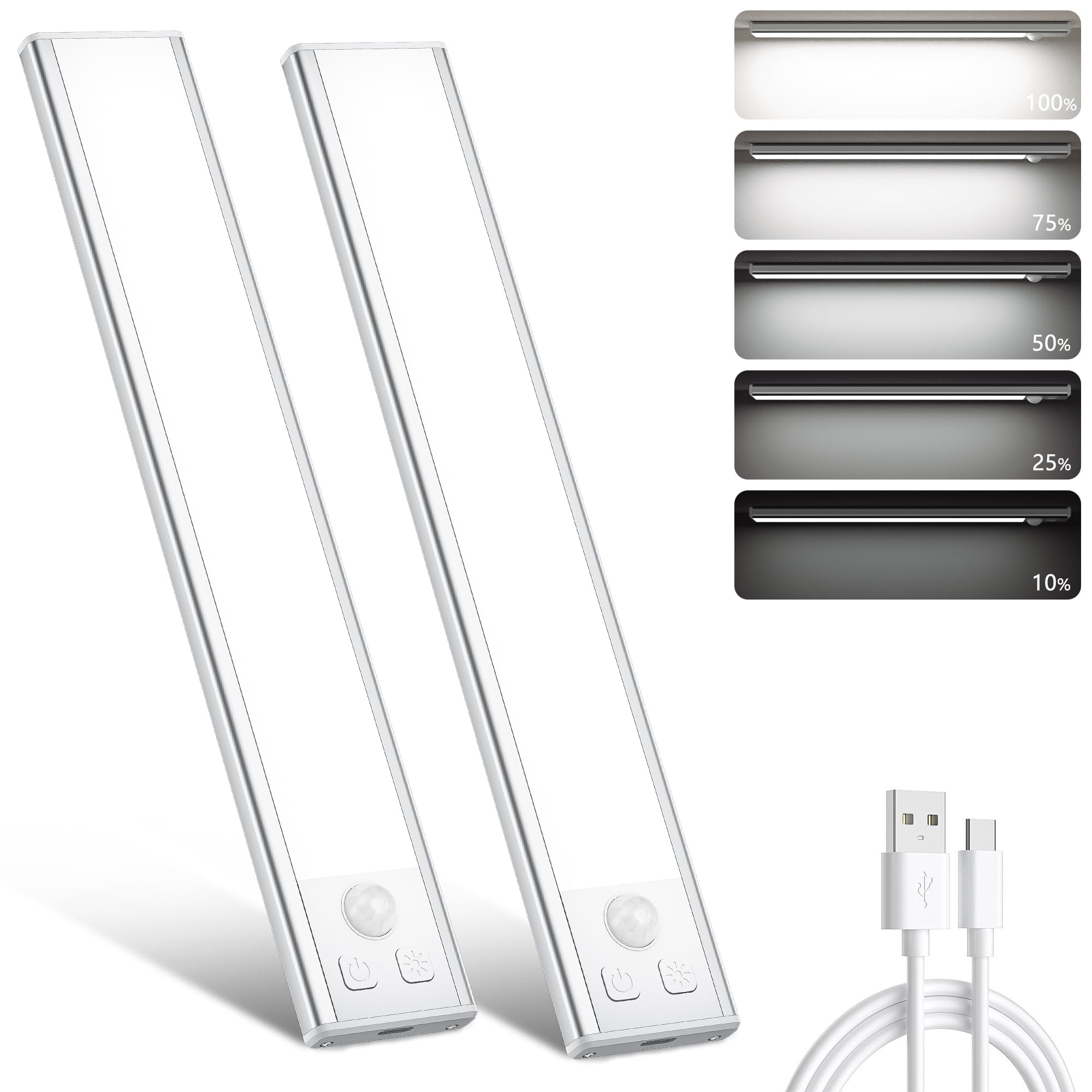 Ylatoial Under Cupboard Kitchen Lights, 2 Pack 20.5cm Cold White Dimmable 1000mAh Rechargeable Magnetic LED Motion Sensor Lights Indoor for Cabinet