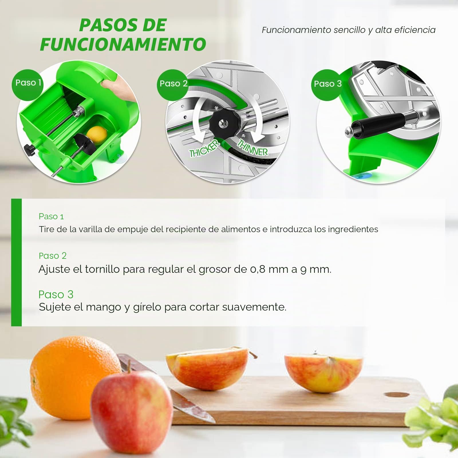 NEWTRY Cortadora verduras manual 0,8-9mm Gastro Hogar corte Cocina | Grosor ajustable, duradero, fácil de limpiar, versátil para frutas, verduras, para hogar, corte preciso, uso intensivo