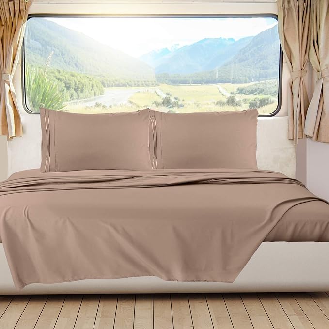 Nestl Khaki Short Queen Sheets for RV, Hotel Luxury RV Queen Sheets Set, 6 Piece Fitted Bed Sheet Set and Pillowcases, Super Soft, Wrinkle-Free, and Breathable Camper Bedding