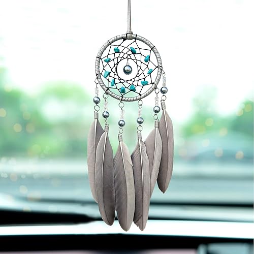 Miniatura 6 de Atrapasueños pequeños para espejo retrovisor de coche, colgante hecho a mano con plumas grises y turquesa atrapasueños para decoración colgante de