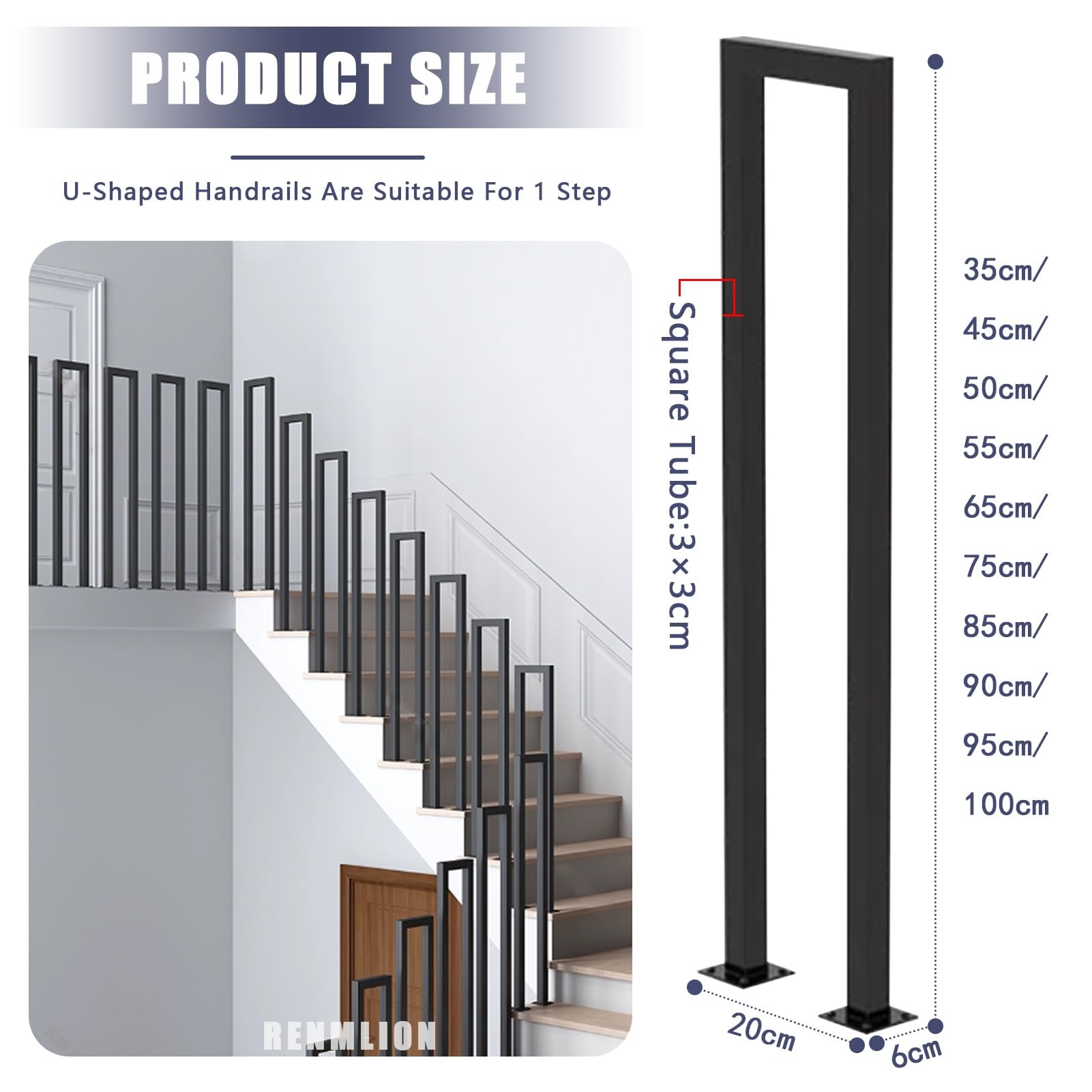 Pasamanos de Escalera de Metal en Forma de U｜Pasamanos de transición de Seguridad para Montaje en Suelo｜Varillas de Soporte para pasillos de Loft en Interiores Exteriores｜35-100cm(100cm)