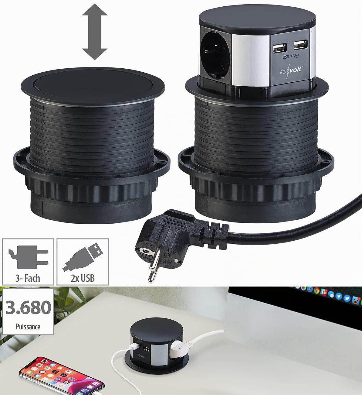 Multiprise de bureau encastrable et rétractable avec 3 prises 230V et 2 x USB [reVolt]