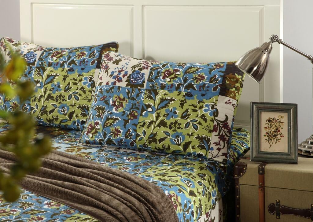 Tache 3 Pc Cotton Floral Blue Brown Green Mystical Autumn Leave Patchwork Bedspread Quilt Set, Cal King