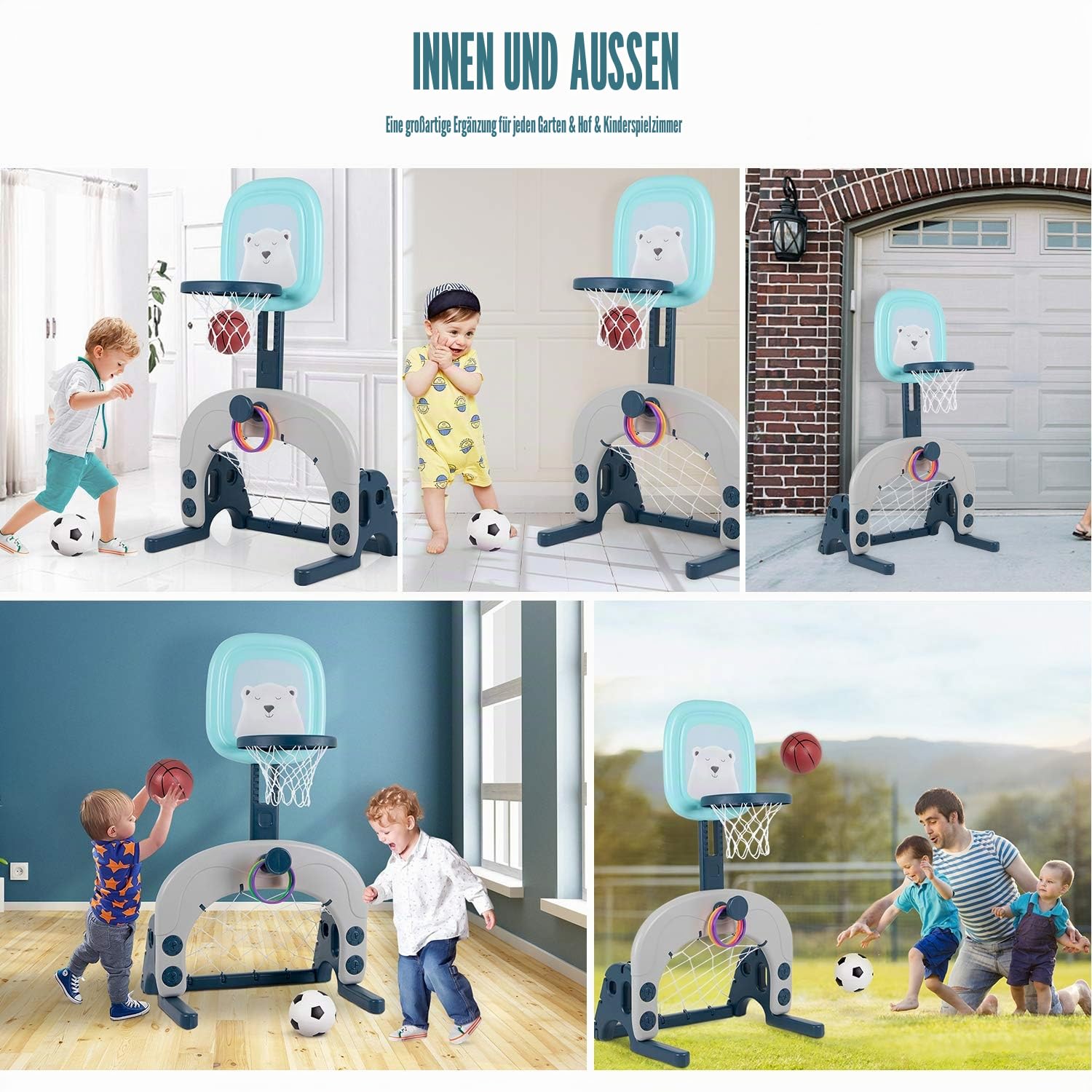 Basketballkorb-Set, 3-in-1 Kinder-Basketballständer, Sport, Aktivitätszentrum, Ballspiele, verstellbar, einfache Punktzahl, Basketballkorb, Fußball/Fußballtor/Ringwurf, bestes Geschenk für Kleinkinder