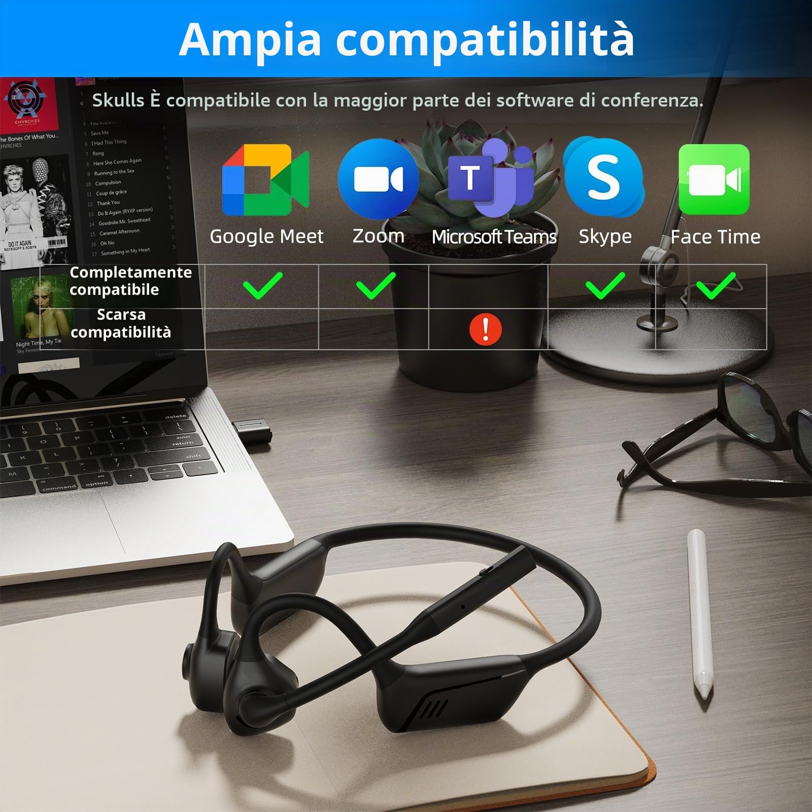 ZIOCOM Cuffie a conduzione aerea, cuffia auricolare aperta con microfono e cancellazione del rumore, auricolare wireless Bluetooth aptX-LL con dongle USB, compatibile con PS4 / PS5 / PC(Non per Teams)