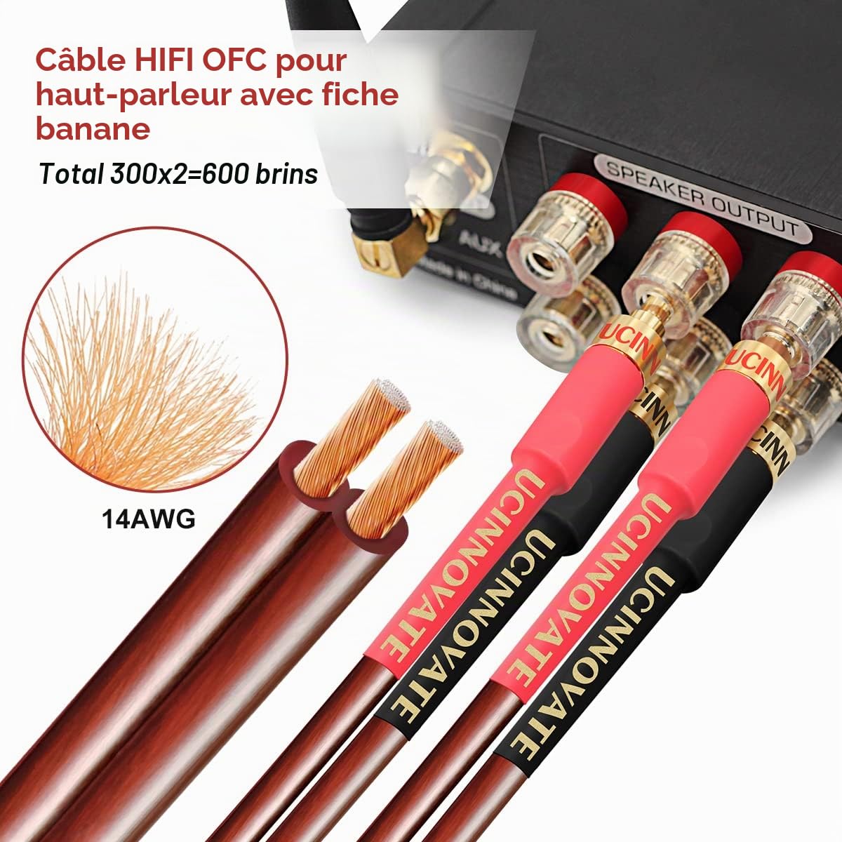 Lot de 2 câbles de haut-parleur HiFi OFC haut de gamme en cuivre pur OFC avec fiche banane, fiches bananes plaquées or de 4 m, 600 brins, 14 AWG, système HiFi, Home Cinéma