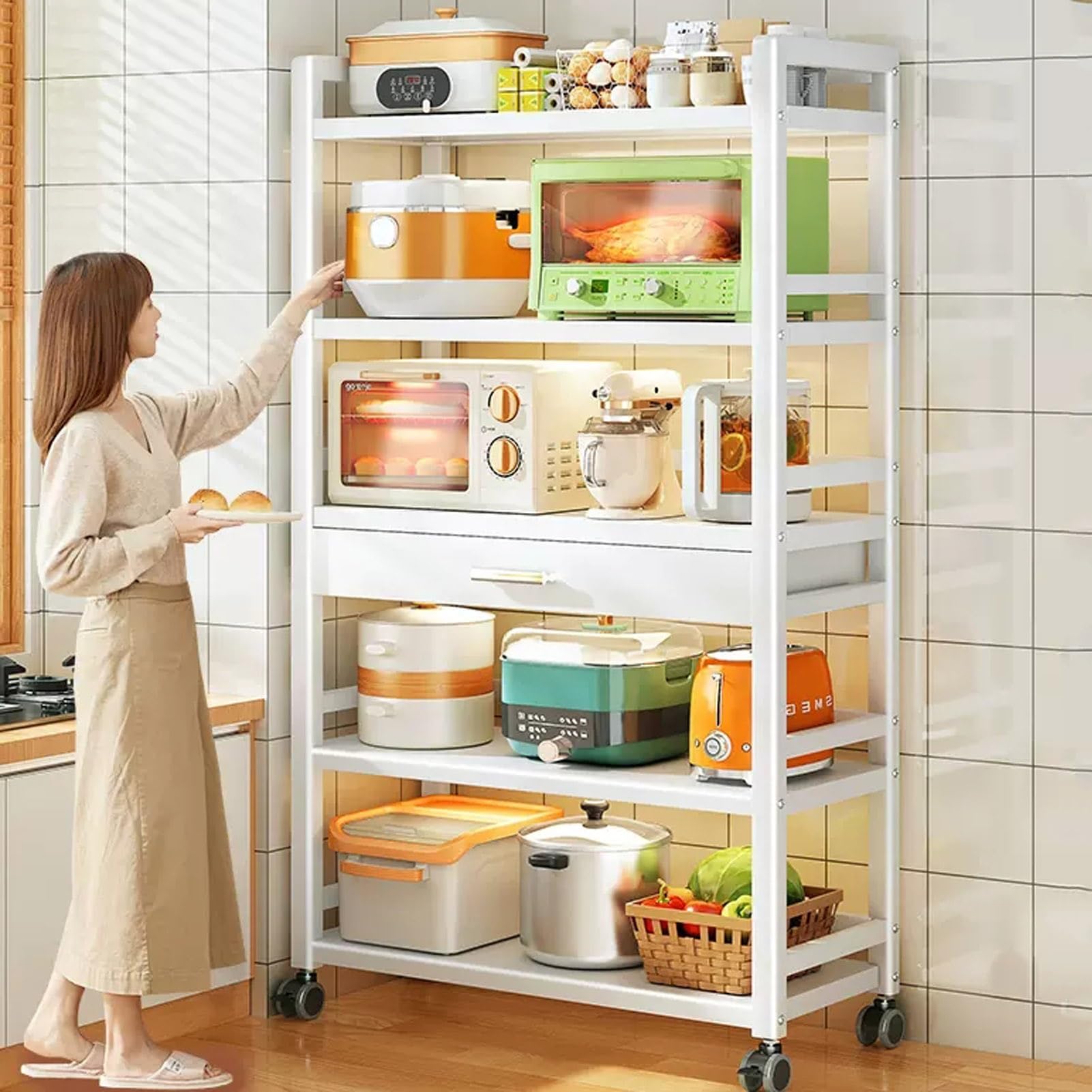 Moderno ripiano per Forno a microonde con cassetto e Ruote per riporre Gli Utensili da Cucina, Bianco 70x39xXX cm
