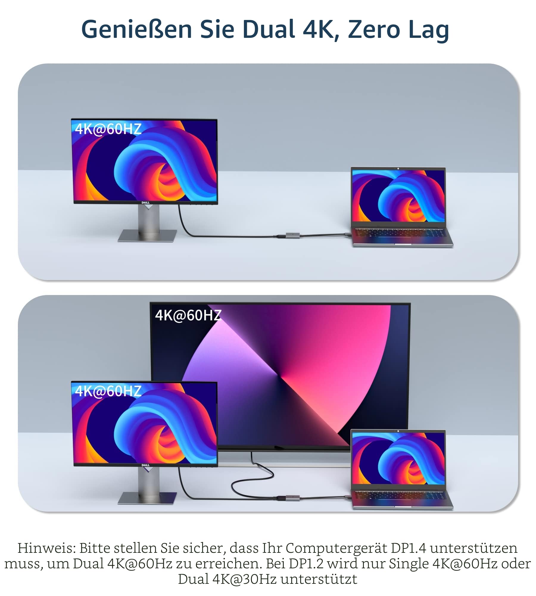 fairikabe DisplayPort zu Dual DisplayPort Splitter Adapter 4K60Hz für Dual Monitor, MST DP Adapter erweitern Display 1 in 2 Ausgänge, displayPort Hub für Desktop Computer