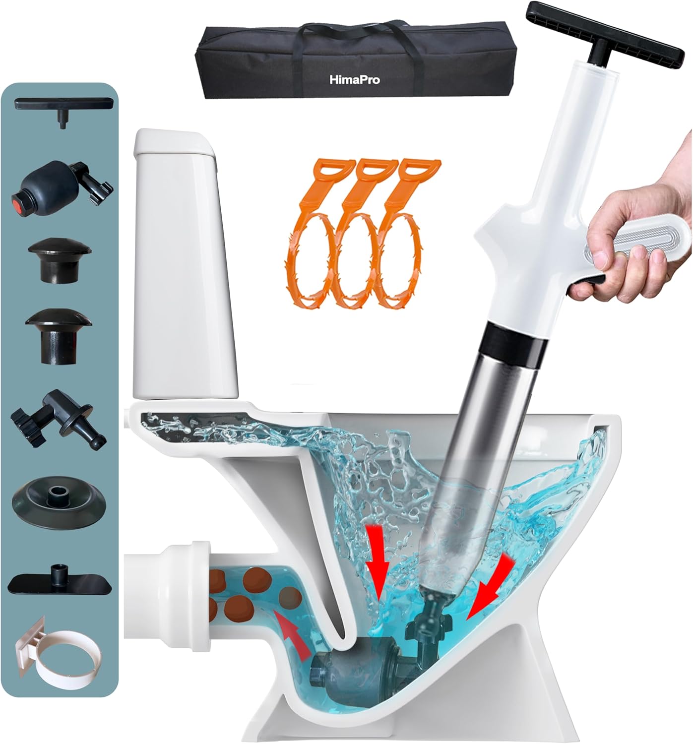HimaPro High Pressure Toilet Plunger Air Drain Blaster Kit White Handle- Unclog Toilets, Kitchen Sinks, Shower Drains, and Pipes with Ease - Bonus Drain Snake Included