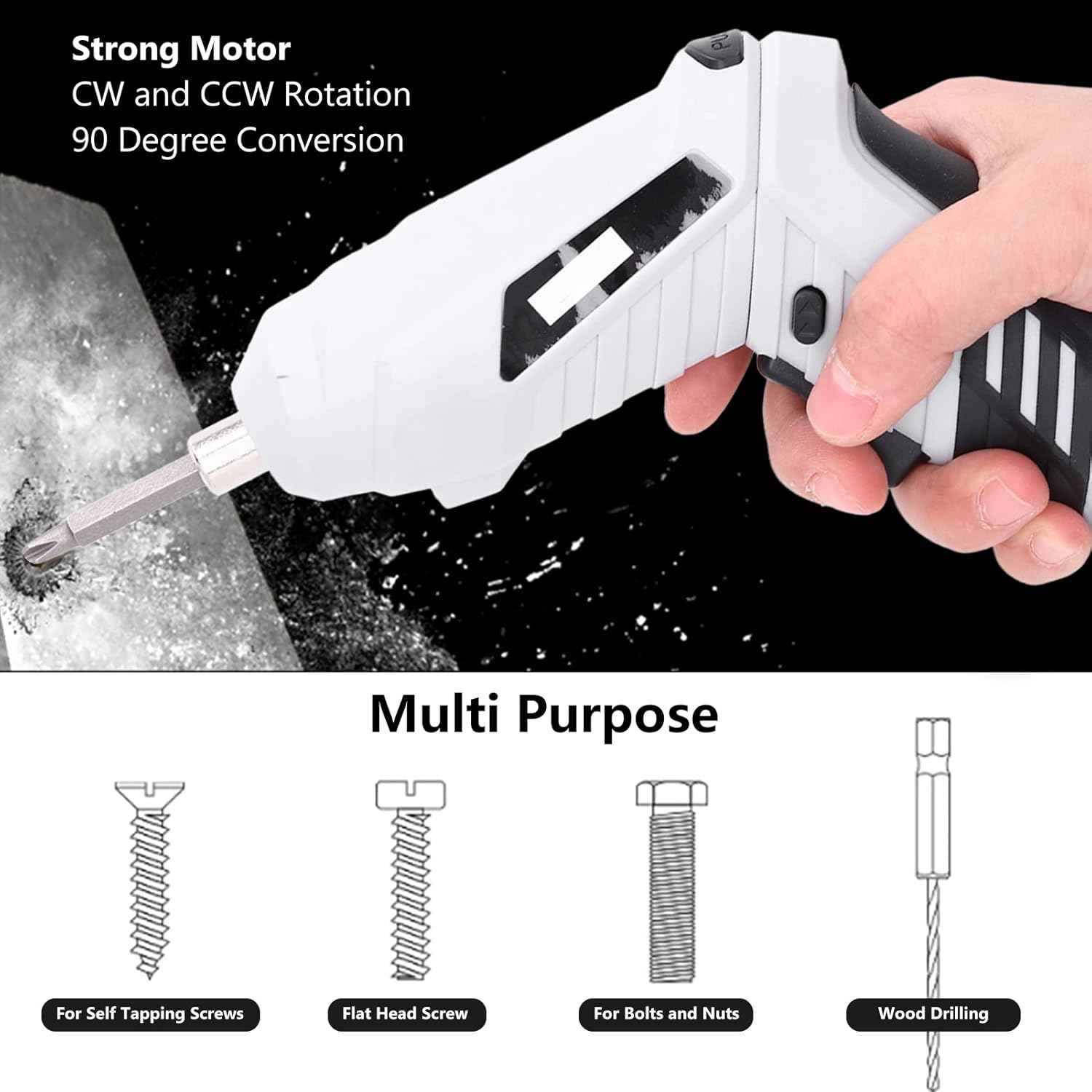 Electric Screwdriver, Cordless Screwdriver Set with 2Pcs Bits, Handheld Power Screwdriver for Drilling Repair, USB Rechargeable Drill Kit, Magnetic Design, 180 Rpm Speed(White)