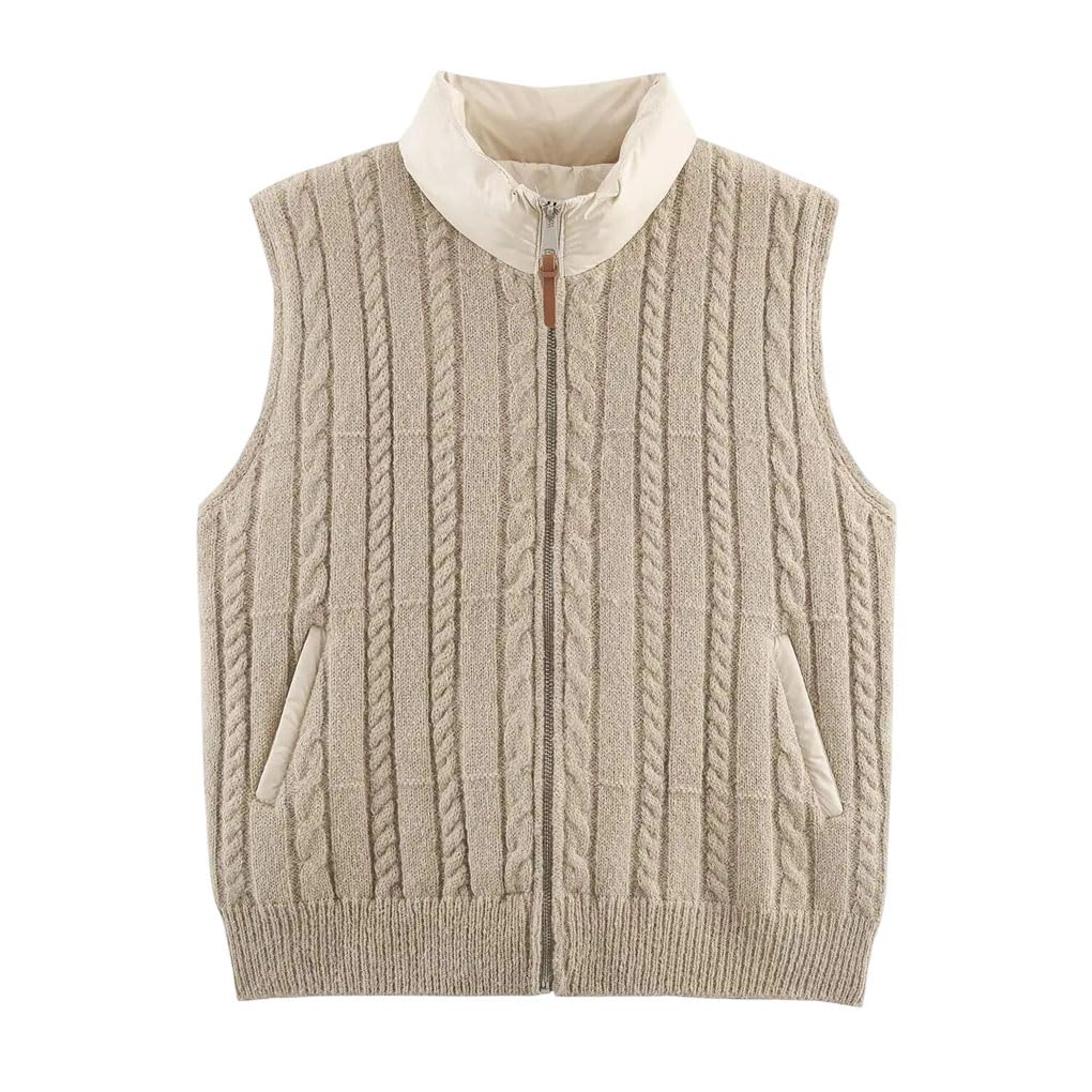 Womens Cable Knit Stand Collar Thick Quilted Sleeveless Vest