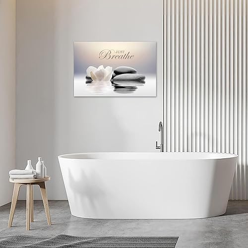 Miniatura 6 de Lienzo decorativo de piedra zen, póster de citas de yoga con texto en inglés Just Breathe Yoga para decoración de spa, impresiones de flores de loto