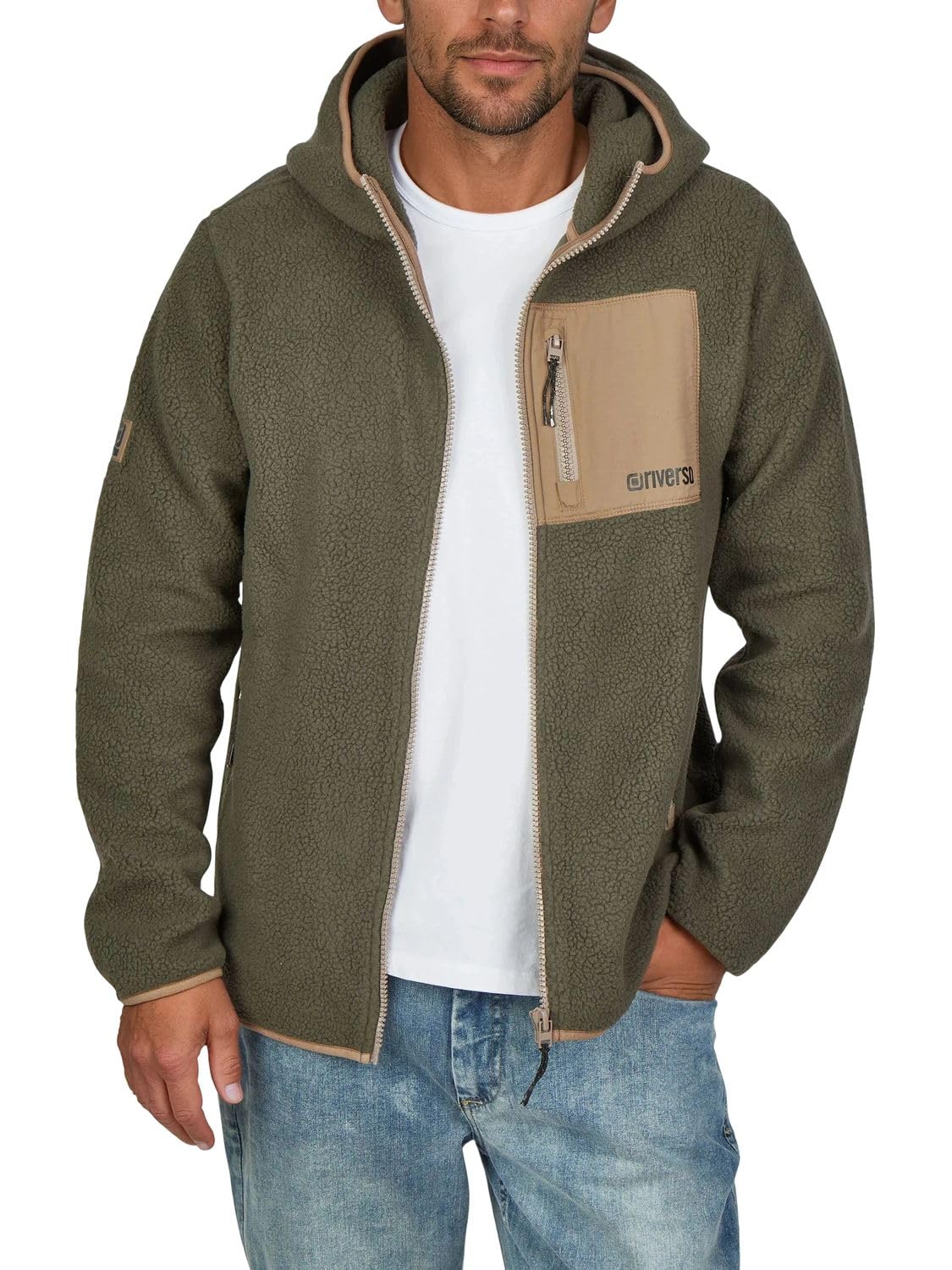riverso Fleecejacke Herren mit Kapuze Regular Fit RIVLennox Teddyfleece Kapuzenjacke Winterjacke Übergangsjacke Stehkragen Schwarz Grün Grau S M L XL XXL 3XL 4XL 5XL