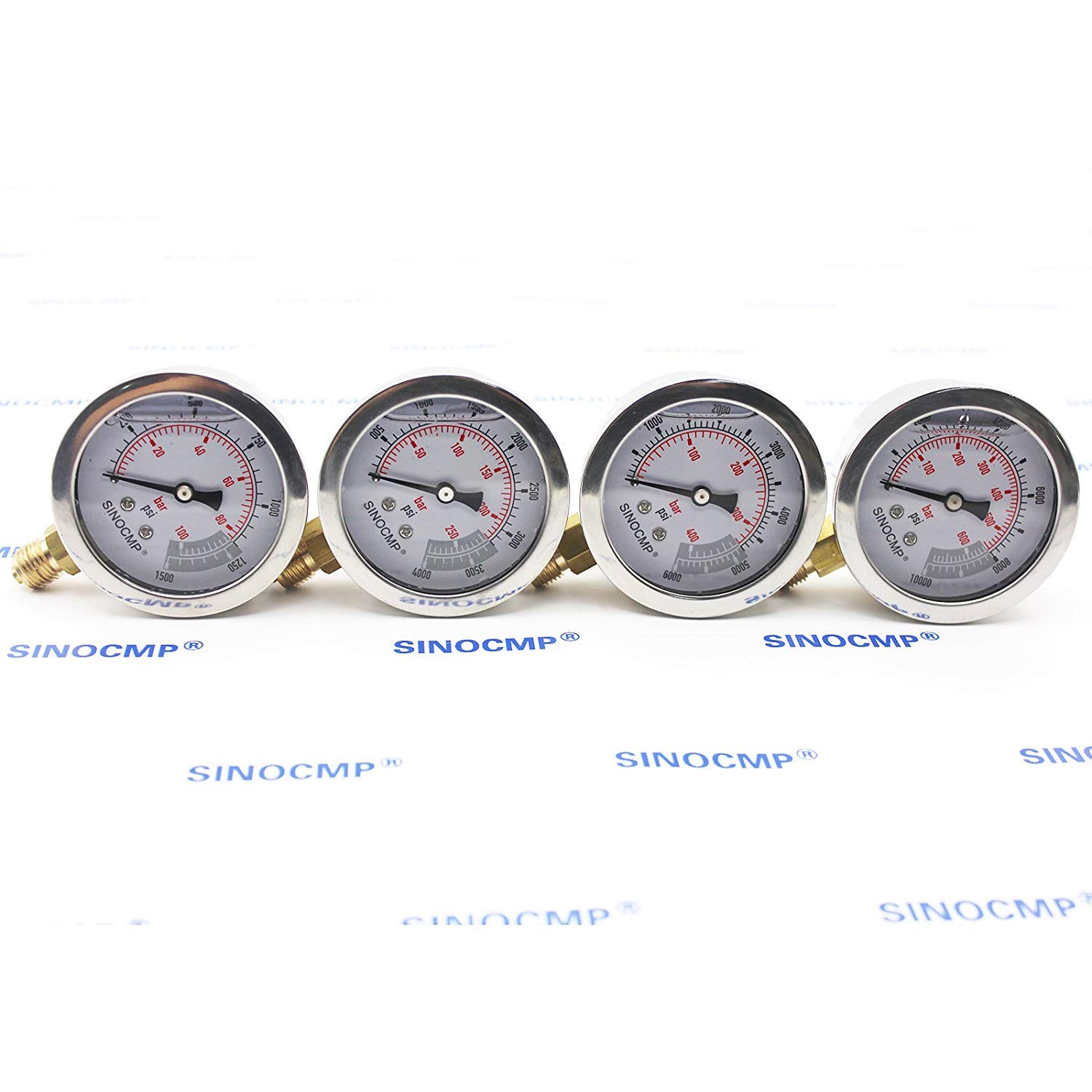 SINOCMP Hydraulic Pressure Gauge Test Kit - 4 Gauges, 4 Hoses, 10 Couplings, 3 Tees For Excavators & Machinery (Gold Case)