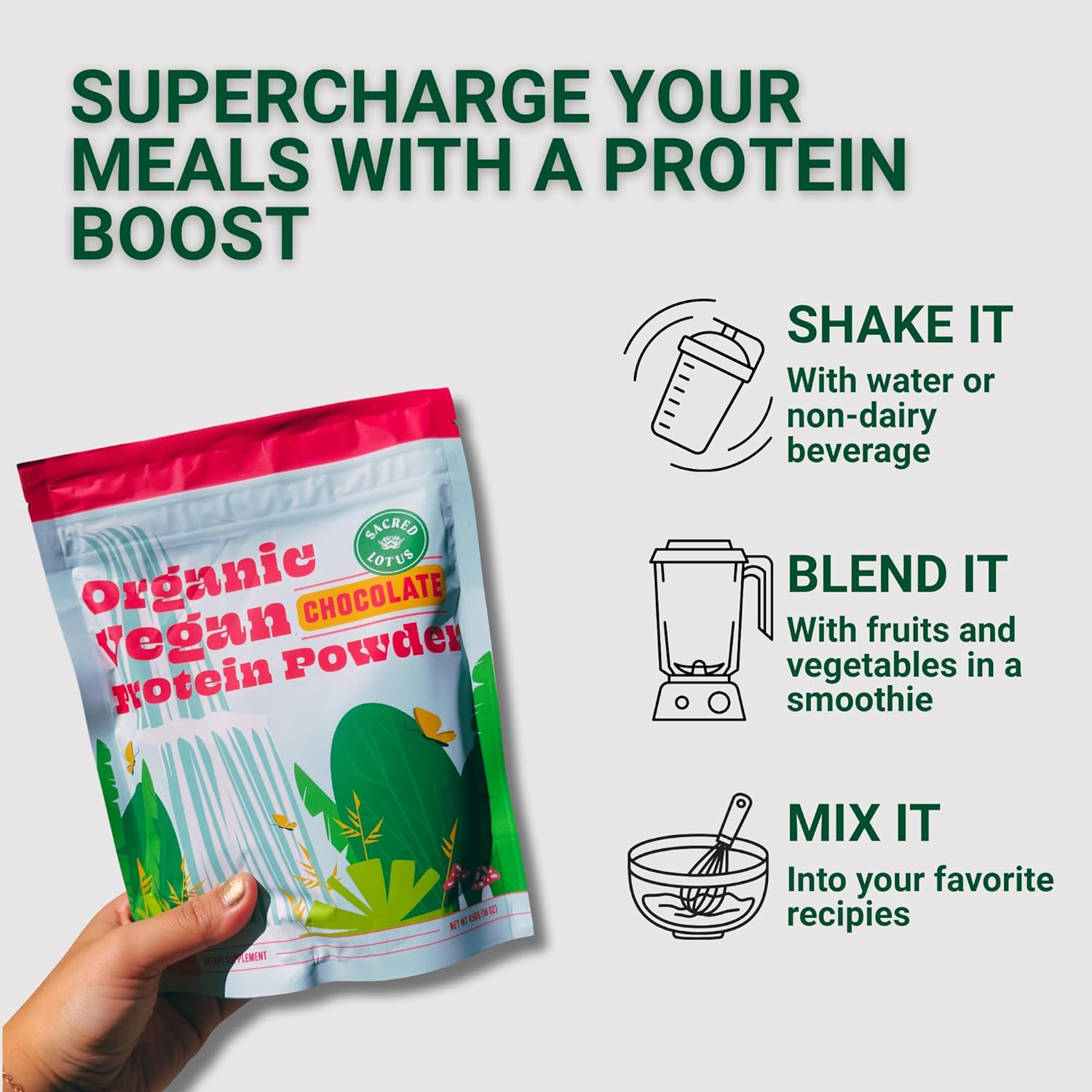 Sacred Lotus Vegan Protein Powder | Organic Chocolate Plant-Based Protein | Brown Rice & Pea Protein Blend | No Dairy, Soy, or Added Sugar | 18g Protein Per Serving | 19 Servings |15.4 oz - Image 3