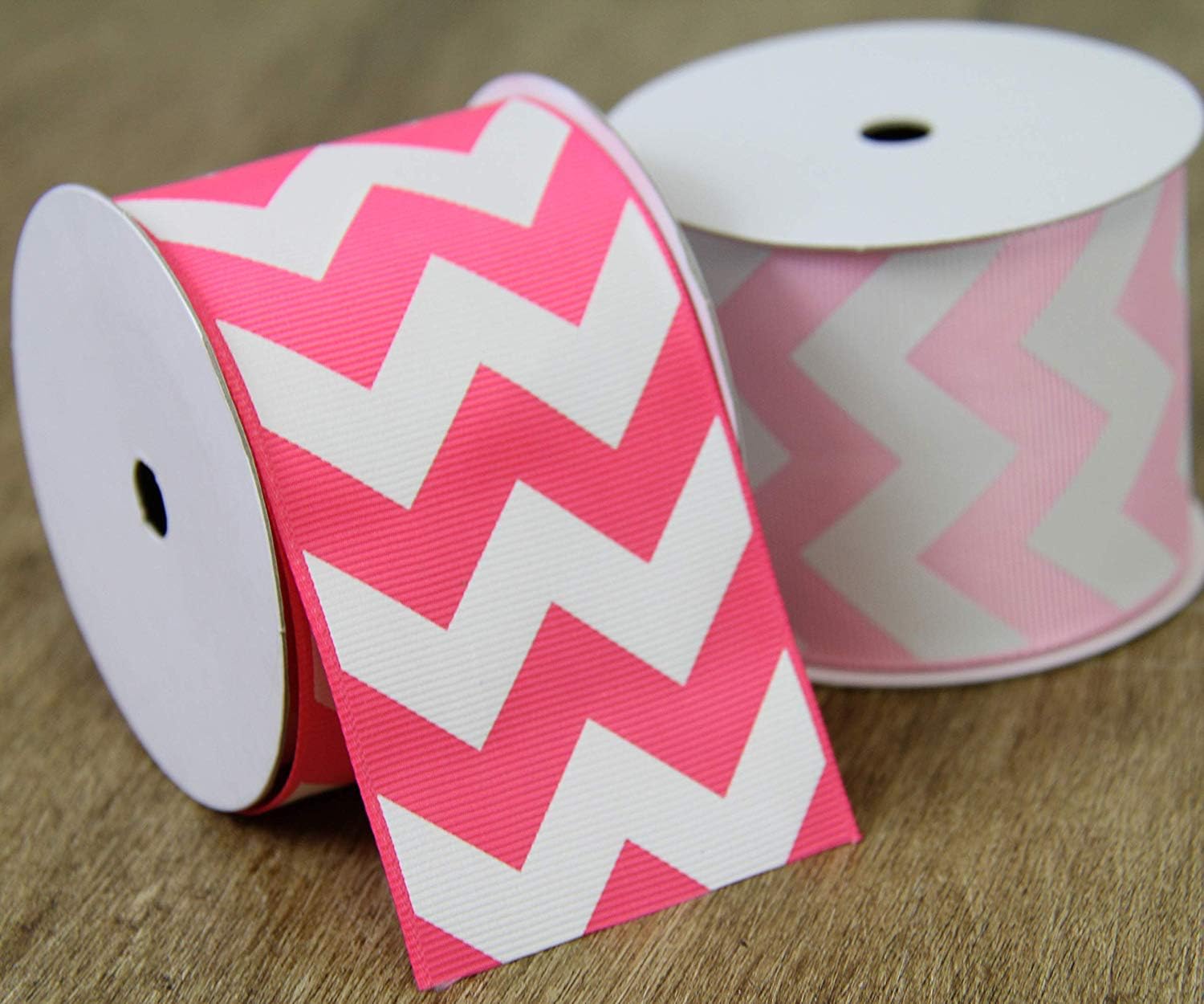 Grosgrain Chevron Striped Ribbon by Threadart 2 1/4" - 5 Yards - Pink and White - for Bows, Gift Wrapping, Hair Clips, and More
