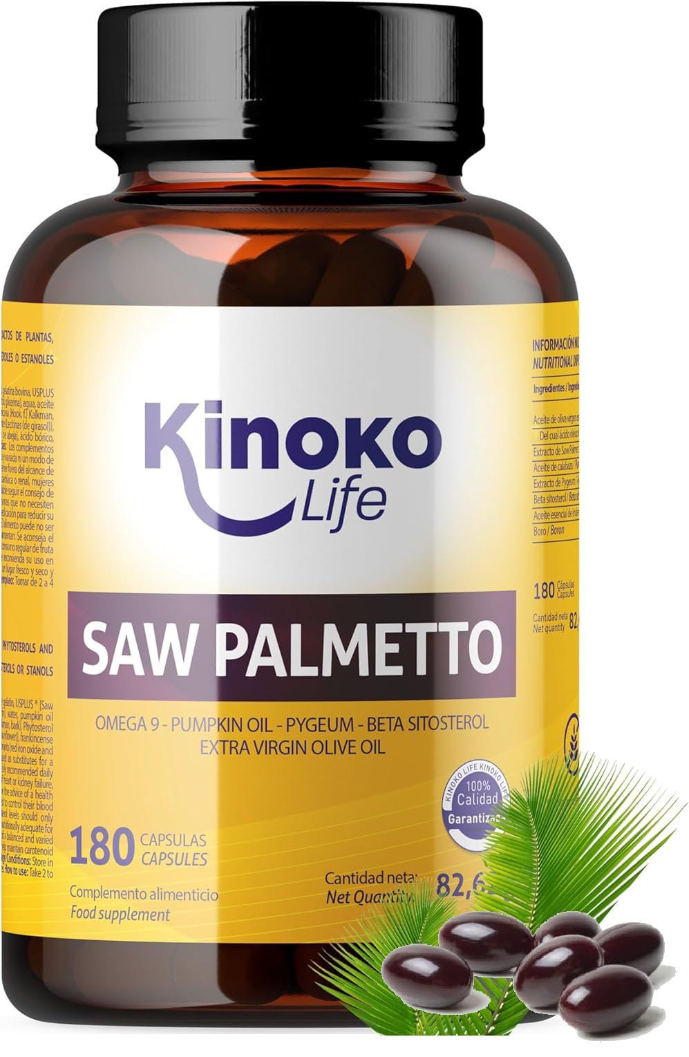 Kinoko Life Saw Palmetto - Serenoa Repens 320 mg 180 capsule. Estratto lipidosterolico puro 85-95%. con Omega 9, Olio di Semi di Zucca, Pygeum Africanum, Serenoa Repens Capelli e Prostata.