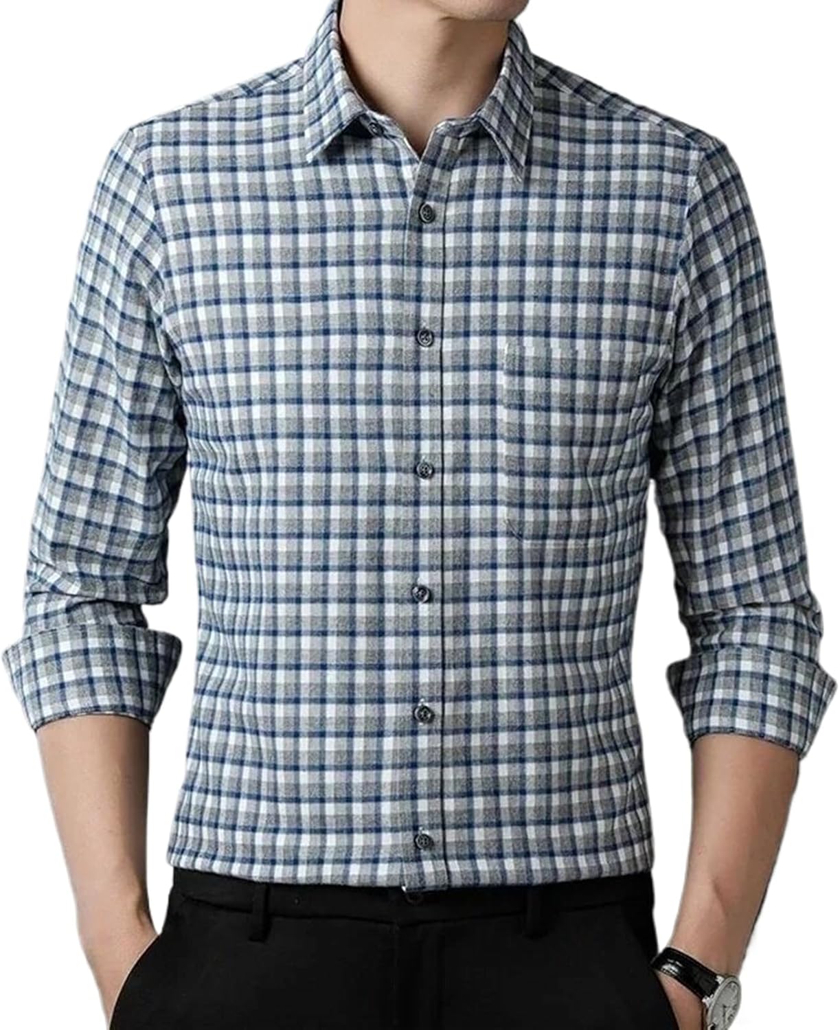 Cotton Shirts for Men Slim Fit Casual Plain Shirt Long-Sleeve Tops