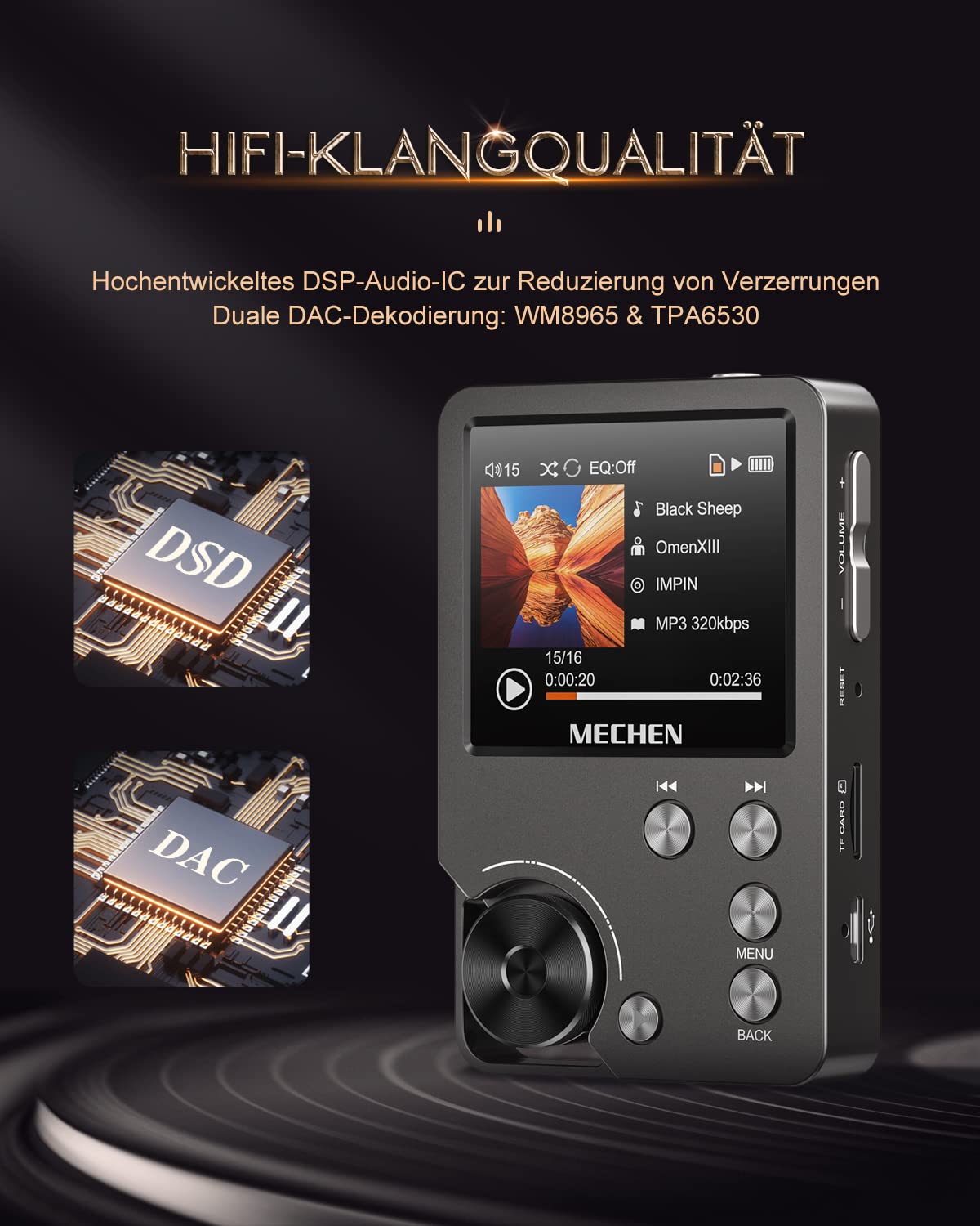 MECHEN M30 Hi Res MP3 Player, DSD FLAC DAC CUE Verlustfreier Hochauflösender Audio Player, HiFi Digitaler Ton Tragbarer DAP mit 64GB Speicherkarte, Unterstützt bis zu 256 GB (Grau)