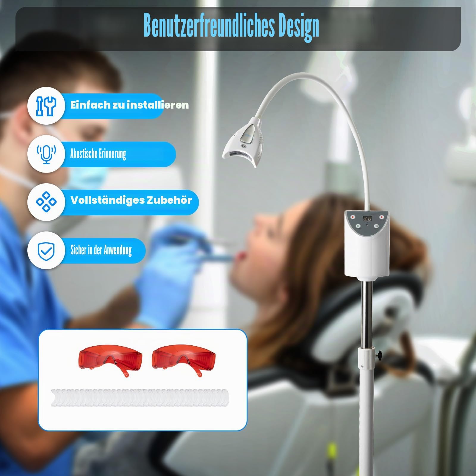 Zahnbleaching Set Professionell, 4 LED Bleaching Zähne, 2000mW/cm² Ausgangsleistung der Beleuchtung Zahnarzt Instrumente, 50cm Spectrum mit Fernbedienung 20 Zahnhülsen