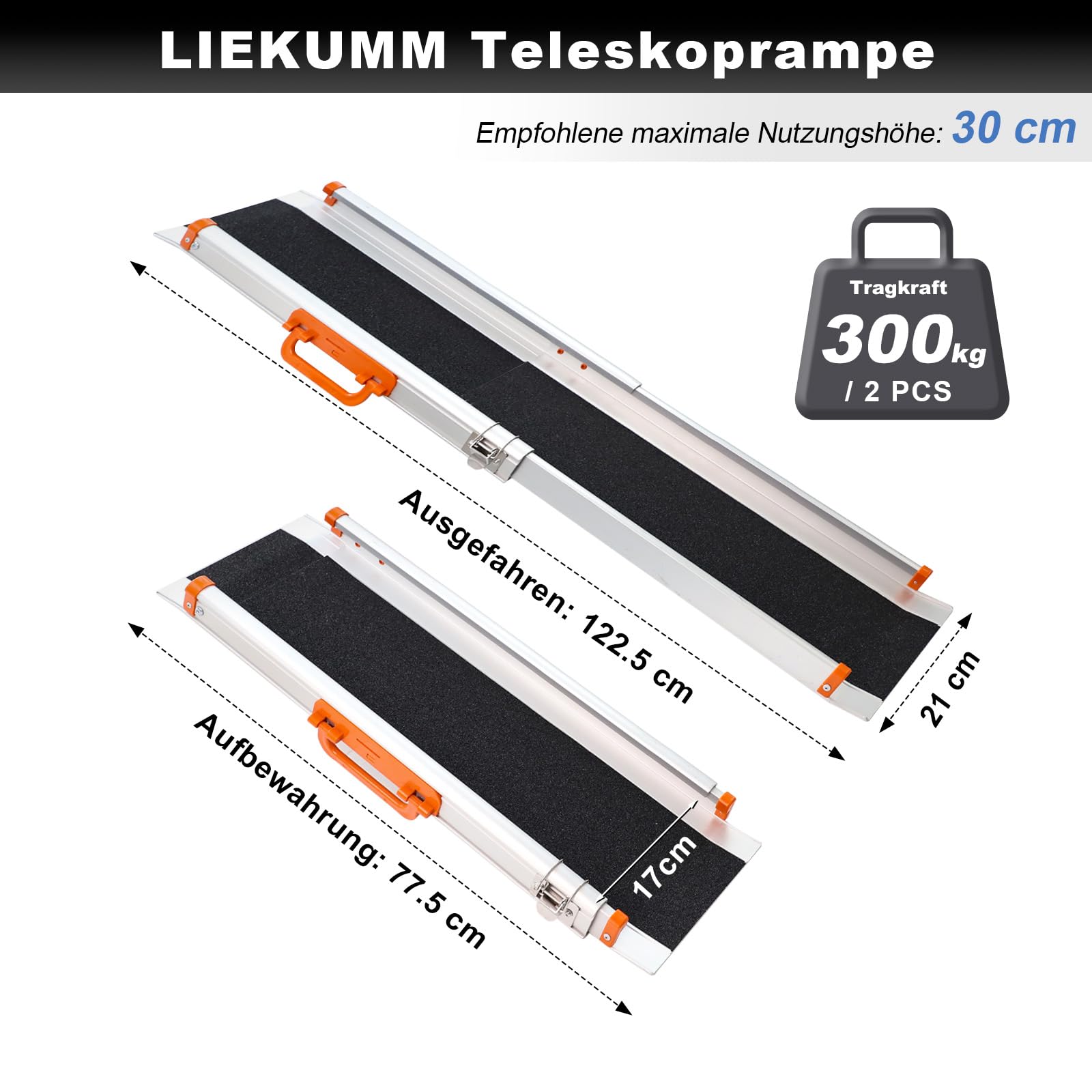 LIEKUMM Antypoślizgowa rampa ułatwiająca załadunek, 120 cm x 21 cm, regulowana, przenośna, aluminiowa rampa teleskopowa na schody i przeszkody, składana szyna ładująca (MR207N-4), 2 sztuki
