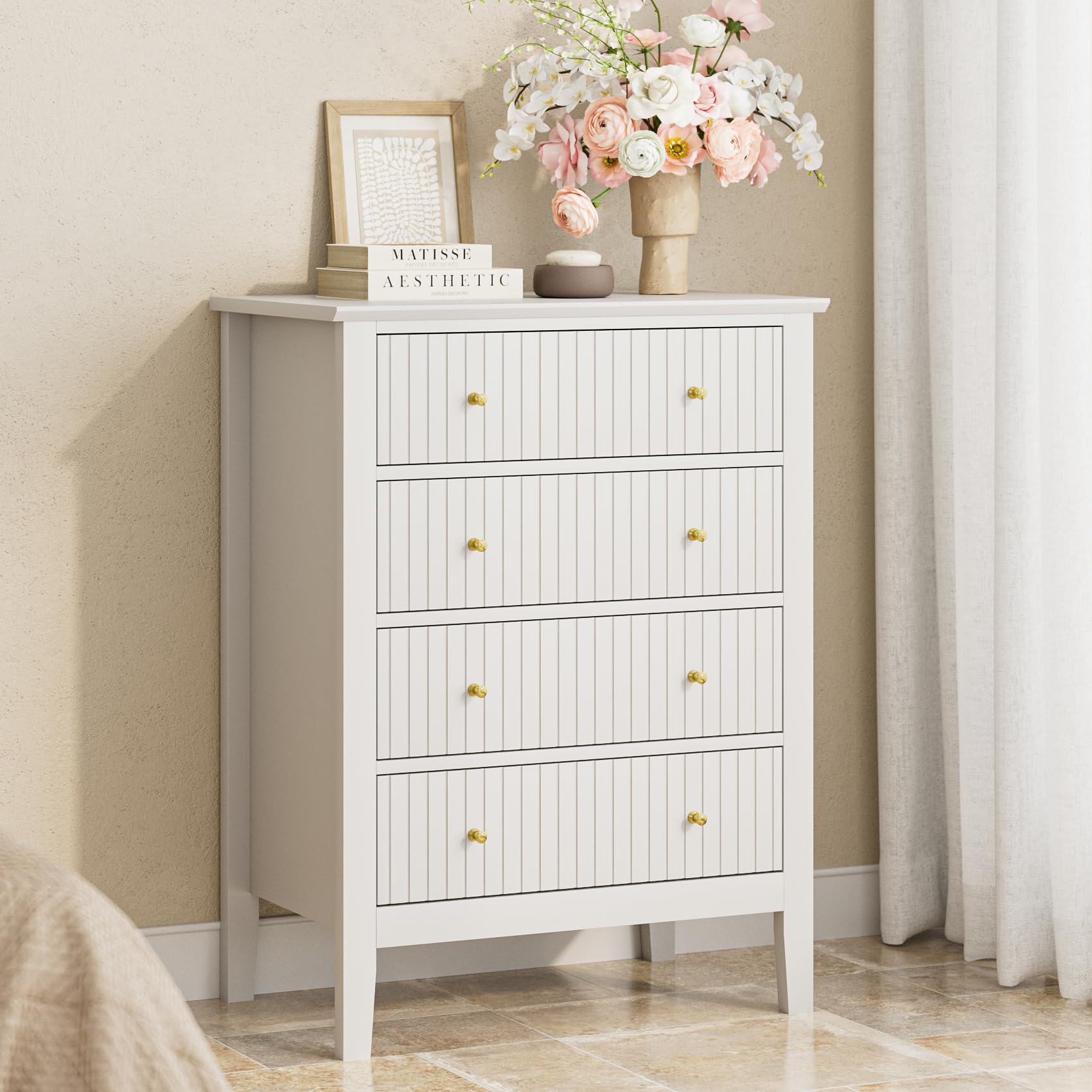 Apetaccat Large Chest of Drawers Bedroom, 4 Drawer Bedside Table, Bedside Cabinet with Metal Handles for Bedroom Livingroom,Hallway,White