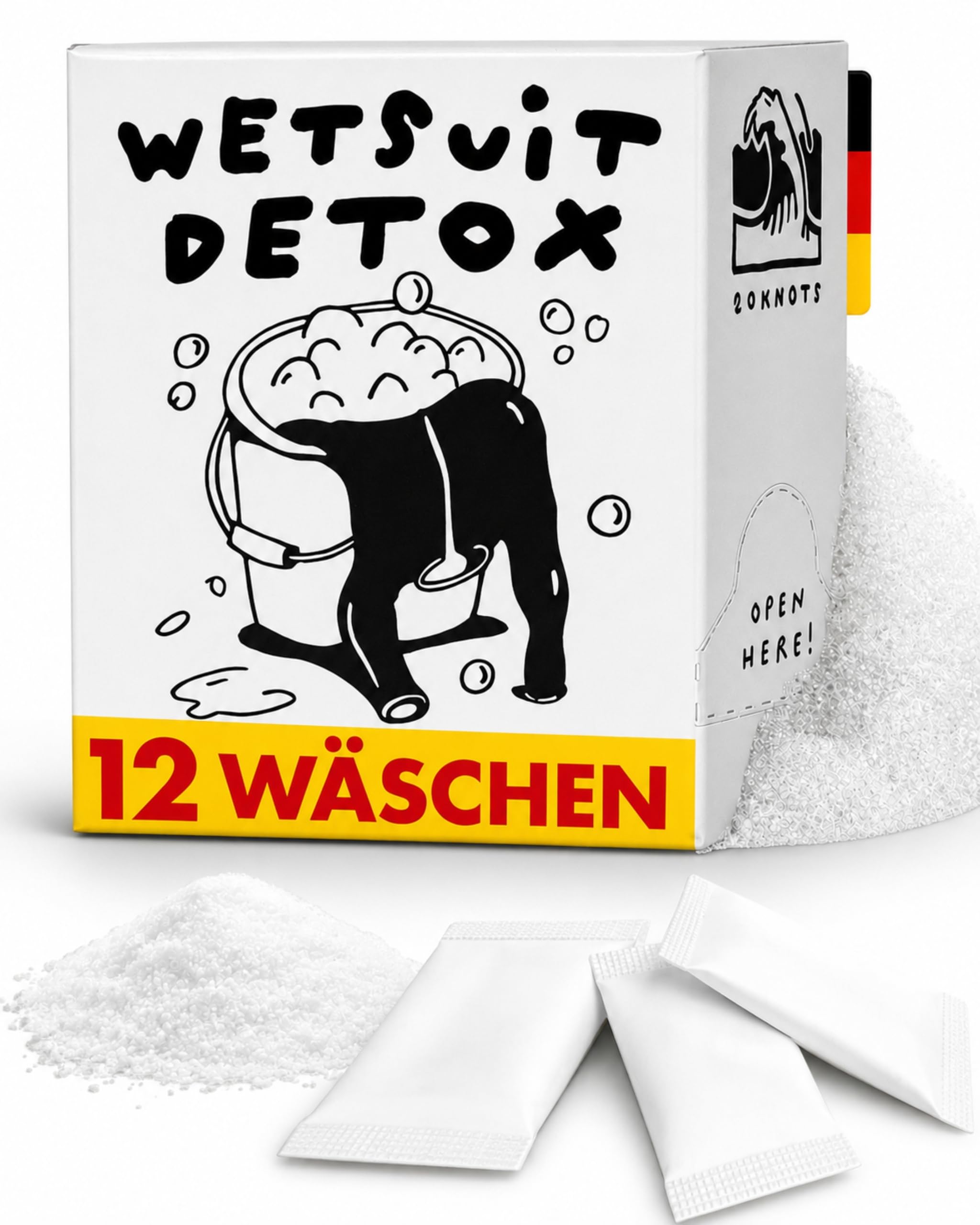 Wetsuit Detox – Neopren Waschmittel Pulver Sticks, 12 Wäschen, Plastikfrei | Pulver statt Flüssig, entfernt Gerüche an der Ursache, ohne Duftstoffe & Enzyme, produziert in Deutschland