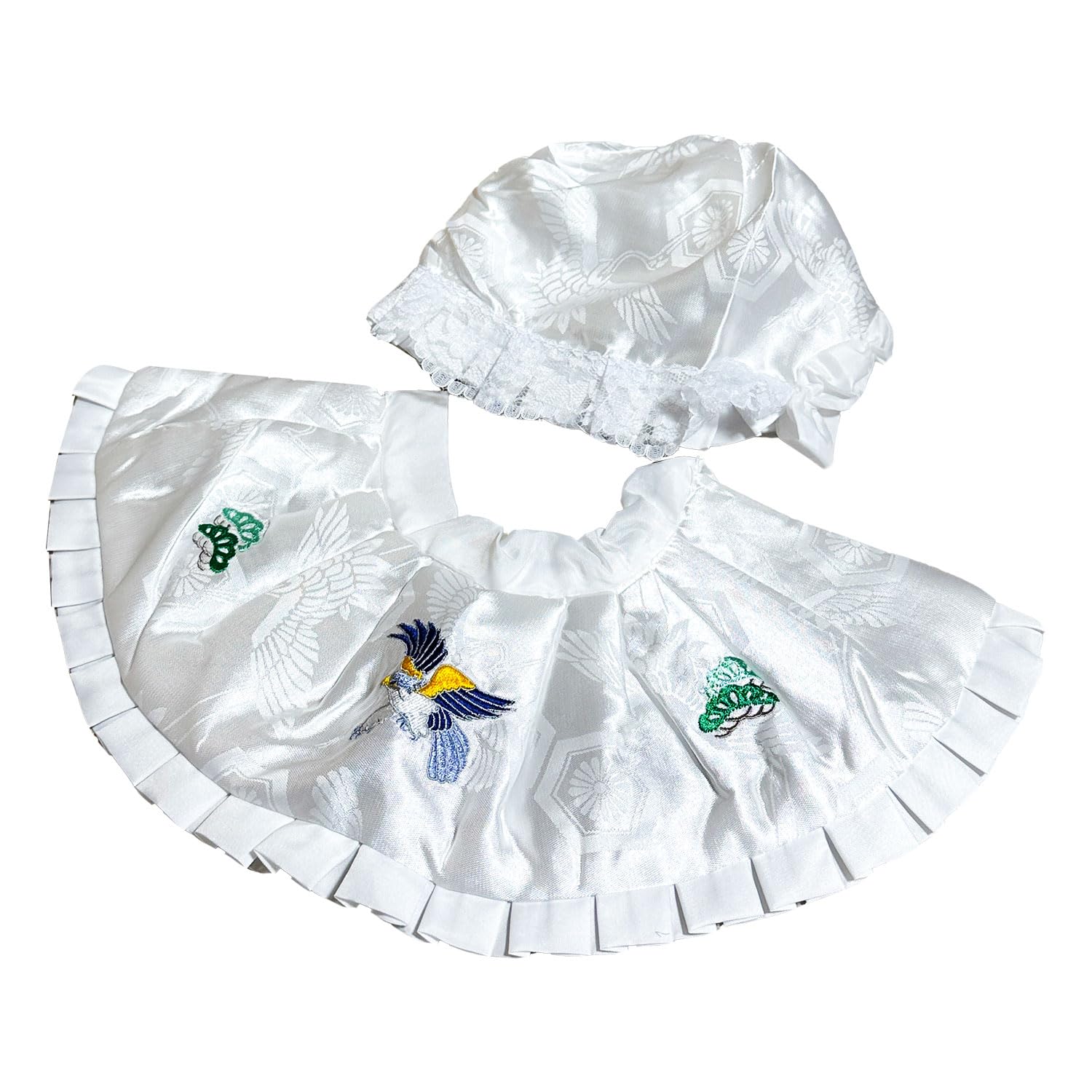 [あめてまり] お宮参り フードセット 2点セット 帽子 涎掛け 刺繍入り フード 白 洗える 女児 男児 男女兼用 産着 よだれ掛け スタイ 洋フード 刺繍 高級地紋入り生地 光沢 箱なし 柔らかい 鶴 毬 鷹 赤ちゃん 100日参り 初着 帽子スタイセット