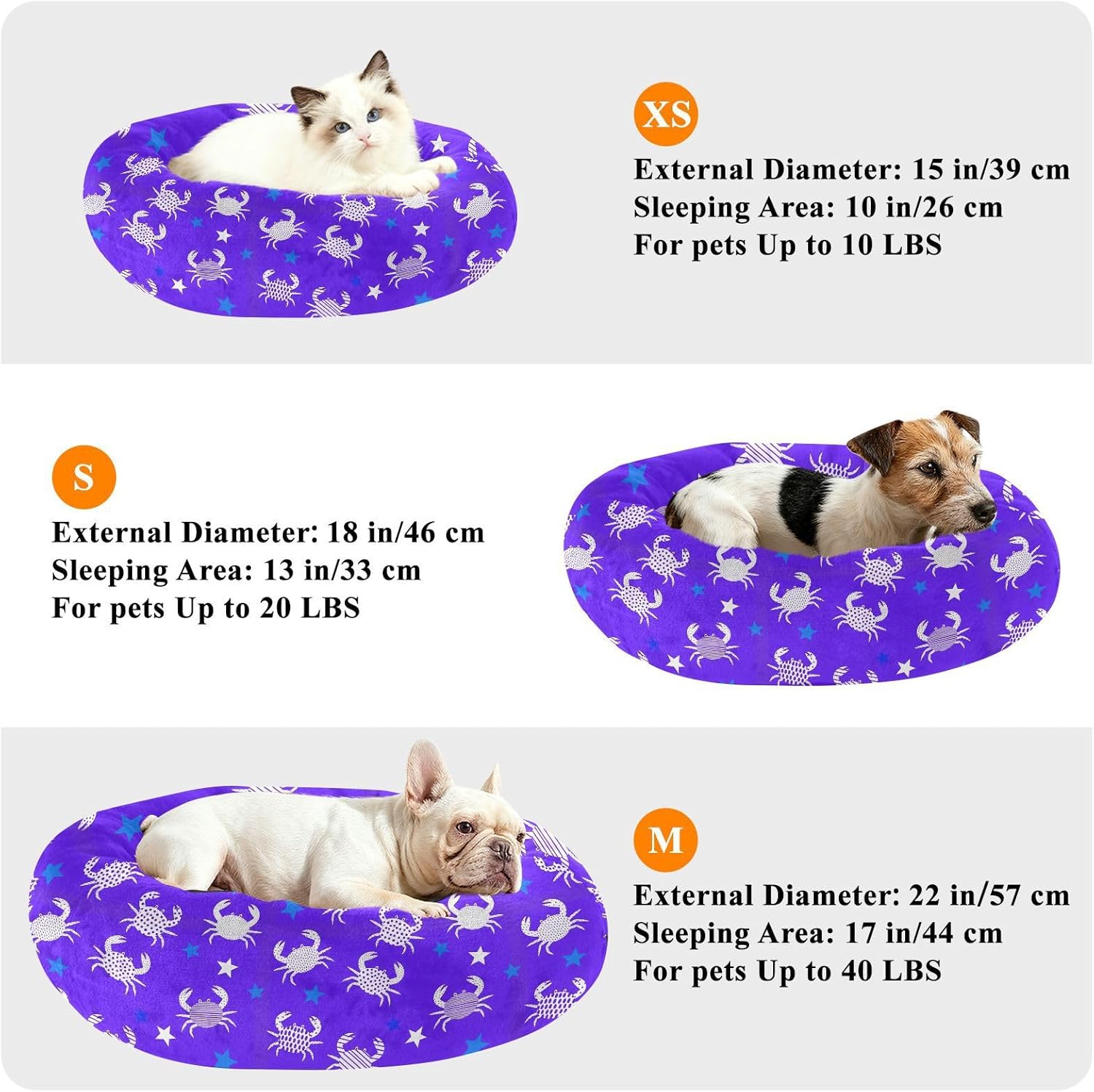 Crabs Stars Blue Pattern Dog Bed Plush Small Medium Dog Cat Bed Washable Donut Pet Puppy Beds for Small Medium Dogs Cats Indoor,M