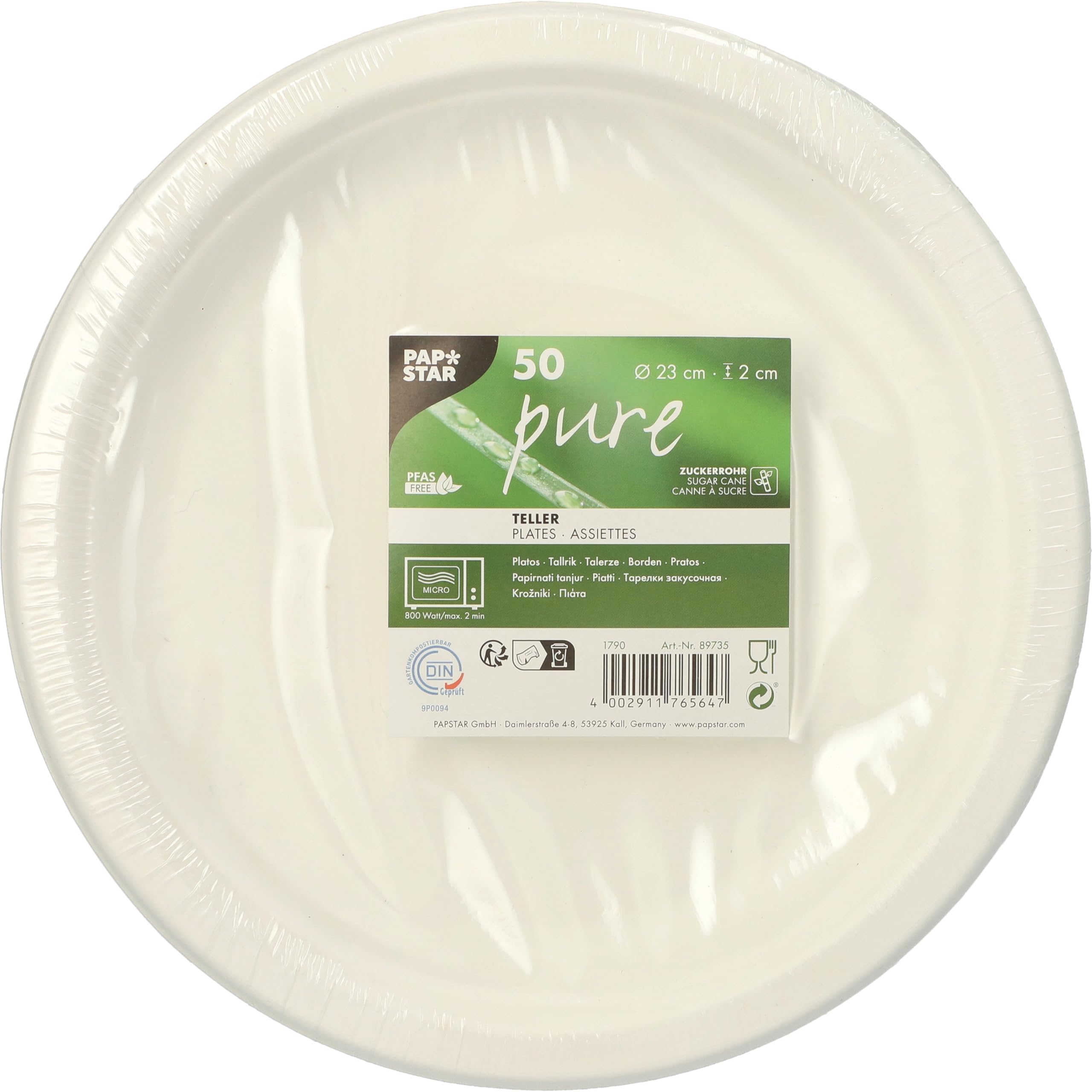 PAPSTAR 50 Plates, Sugar Cane Pure Undivided Diameter 23 cm 2 cm White