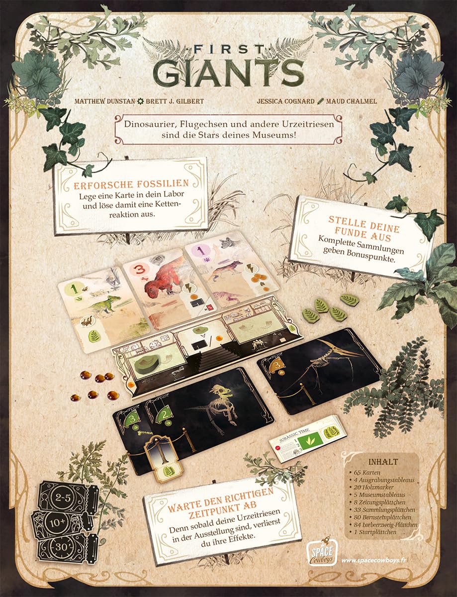 Asmodee, First Giants, Version Allemande, Jeu Familial avec fossiles pour 2 à 5 Joueurs à partir de 10 Ans, Un musée des géants préhistoriques avec 30 Minutes de Temps de Jeu par Partie