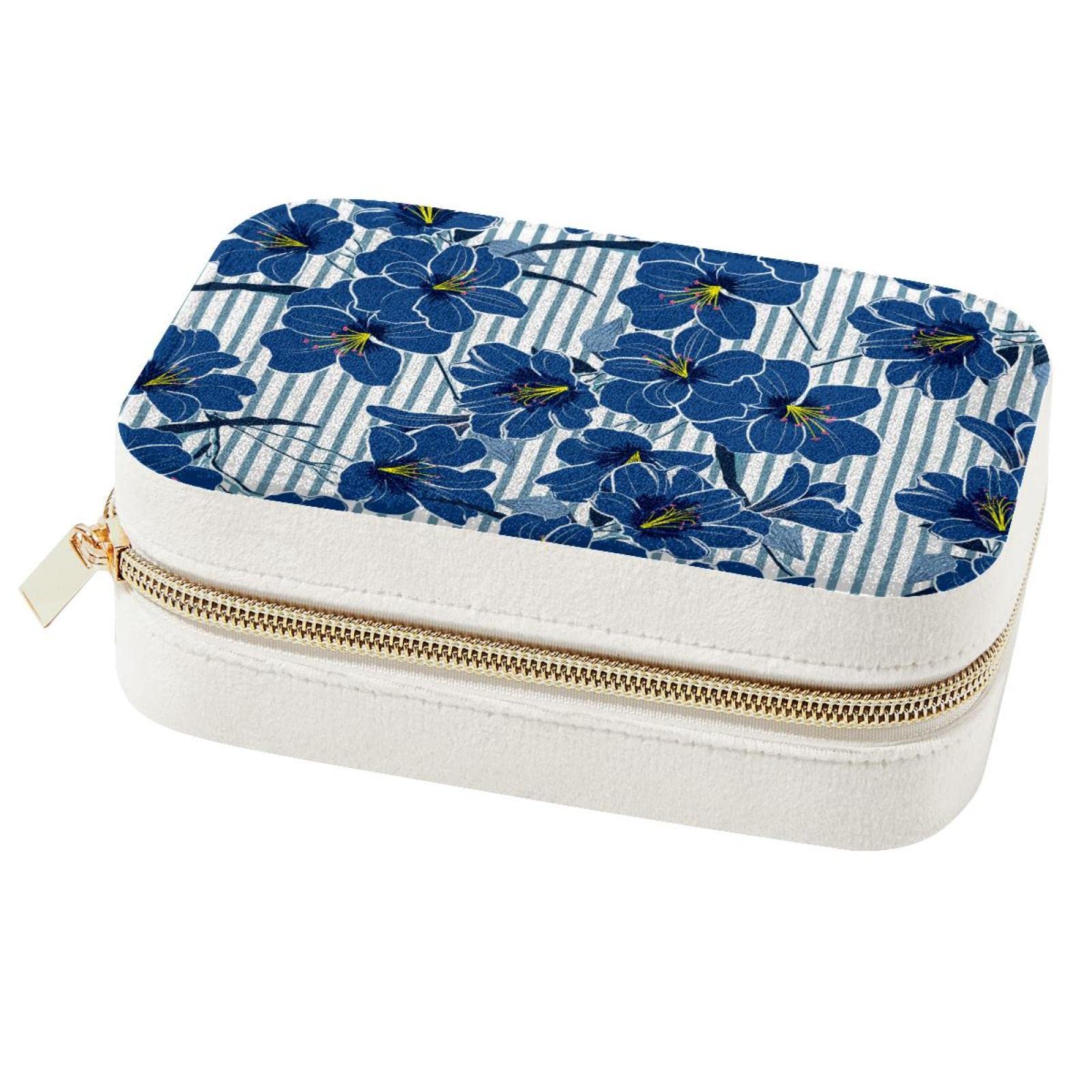Boîte à bijoux de voyage à rayures bleues pour bagues et colliers