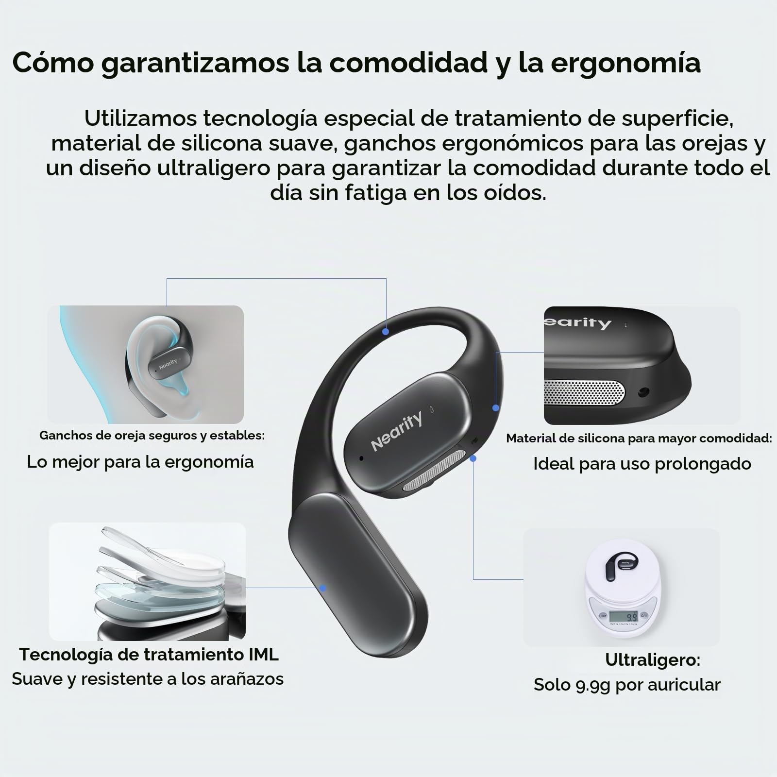 NEARITY MemPod Fit 2 Auriculares Open-Ear Bluetooth, Dongle, Doble Conexión | Bajos Profundos, 45H de batería con Estuche,Ultra Comodidad, Conducción Aérea, para Teléfono/Mac, Negro