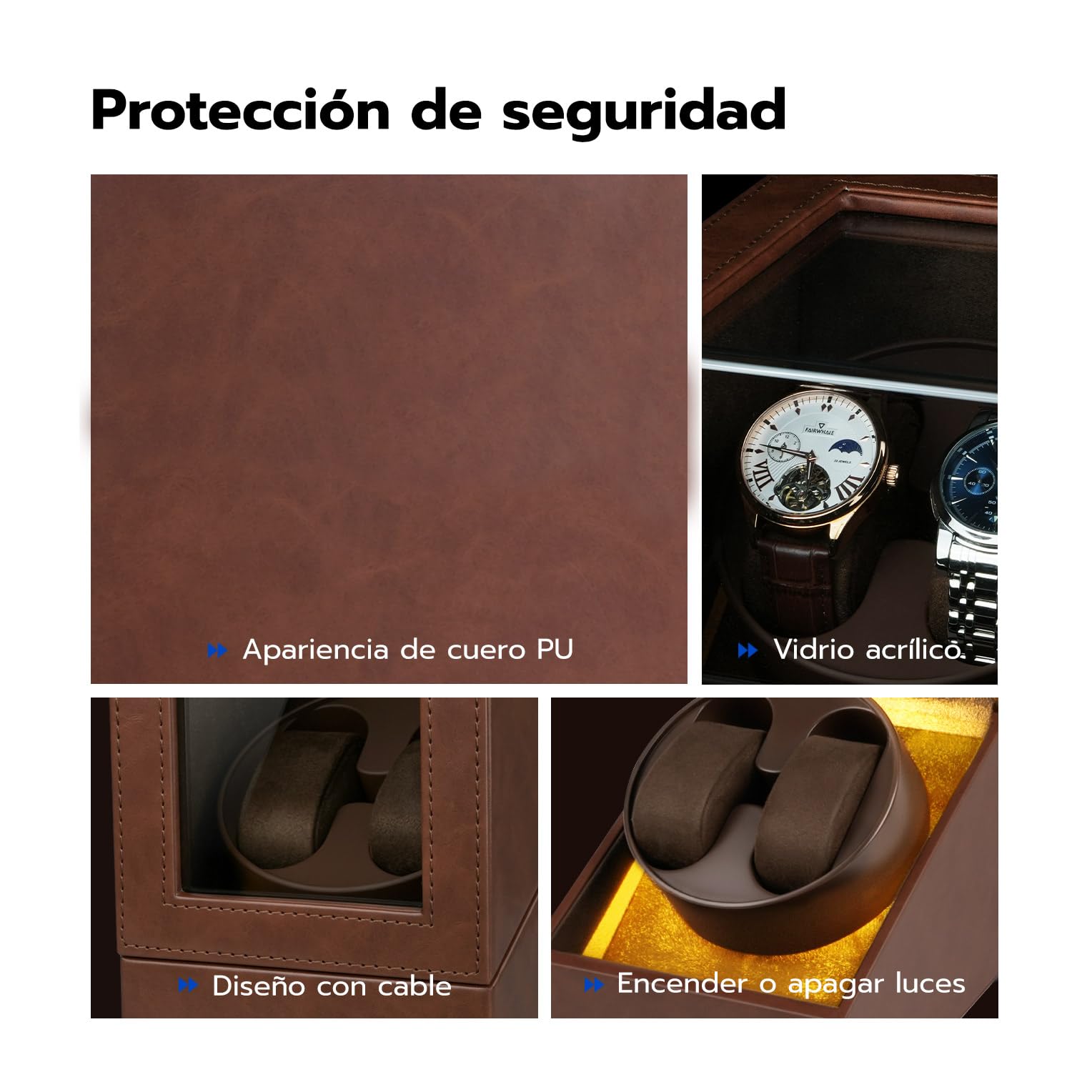 Mcbazel Dual Watch Winder, Cajas Giratorias para Relojes con Luz LED, Estuche para Relojes de Doble Posición, Modos de Rotación Bidireccional, Relojero Automático Almacenamiento – Marrón