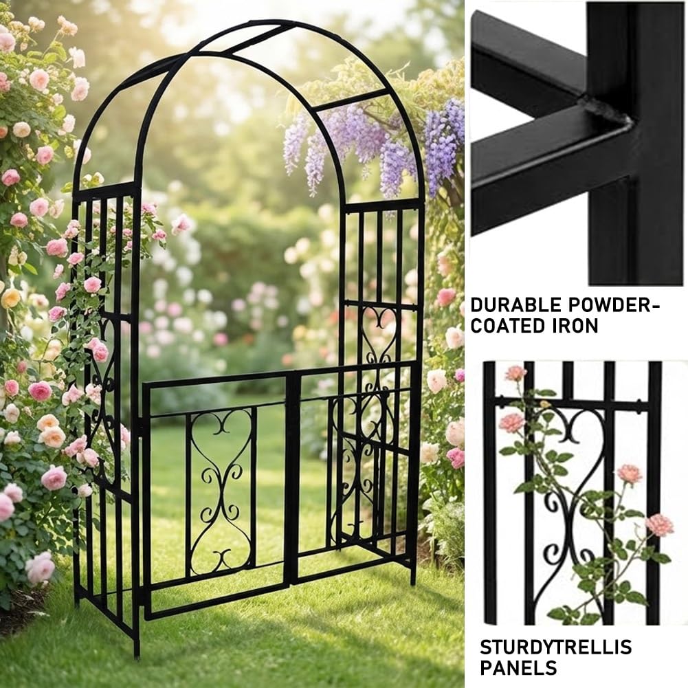 Gartenbogen Aus Metall Mit Tür, Rosenbogen Torbogen Rankhilfe Für Kletterpflanzen, 115x210x52cm Wetterfester Rankgitter Gartenlaube Für Garten Rasen Terrasse Dekor